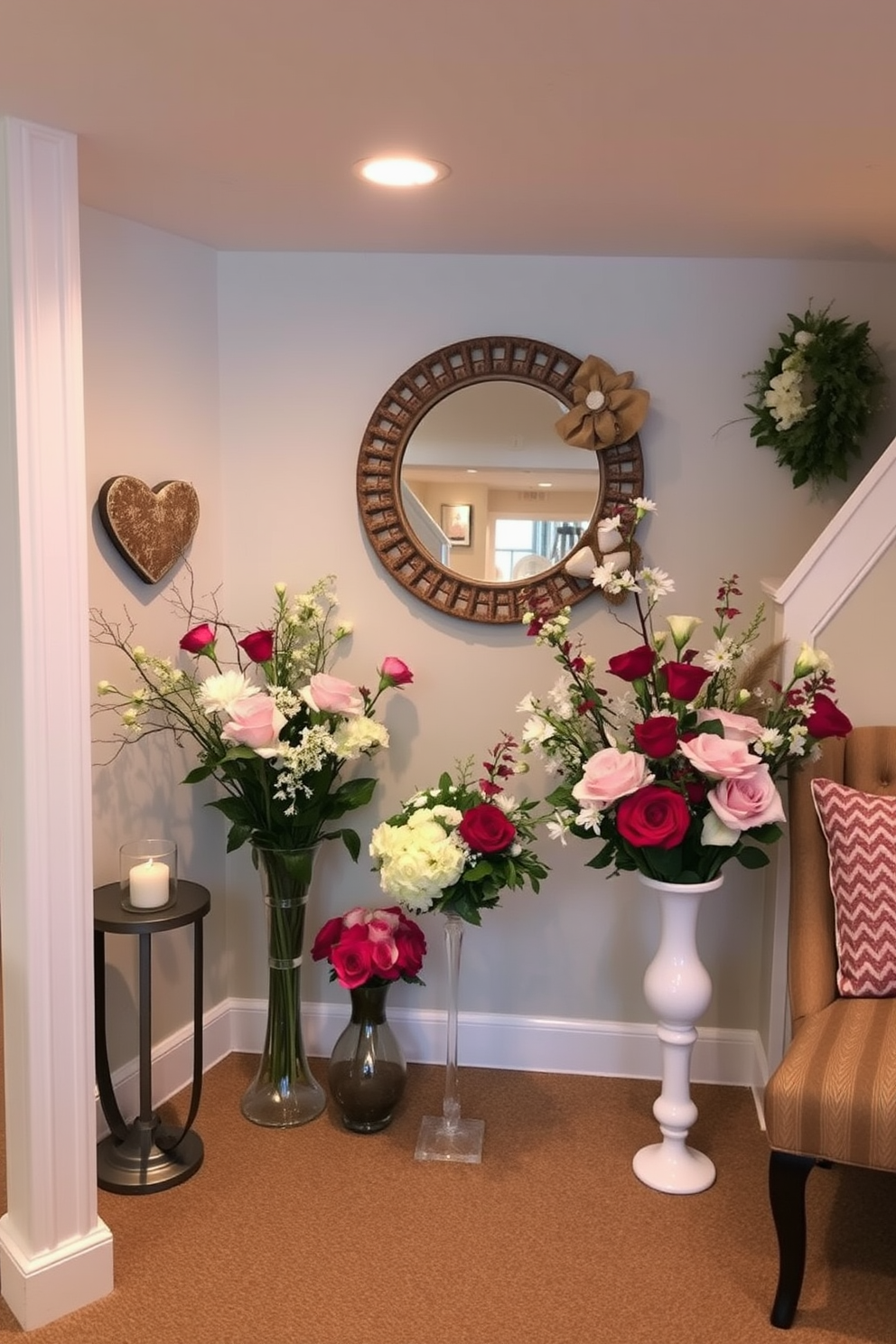 A cozy basement space adorned with seasonal floral arrangements in elegant vases. The decor features soft lighting and romantic touches to create a warm atmosphere for Valentine's Day celebrations.