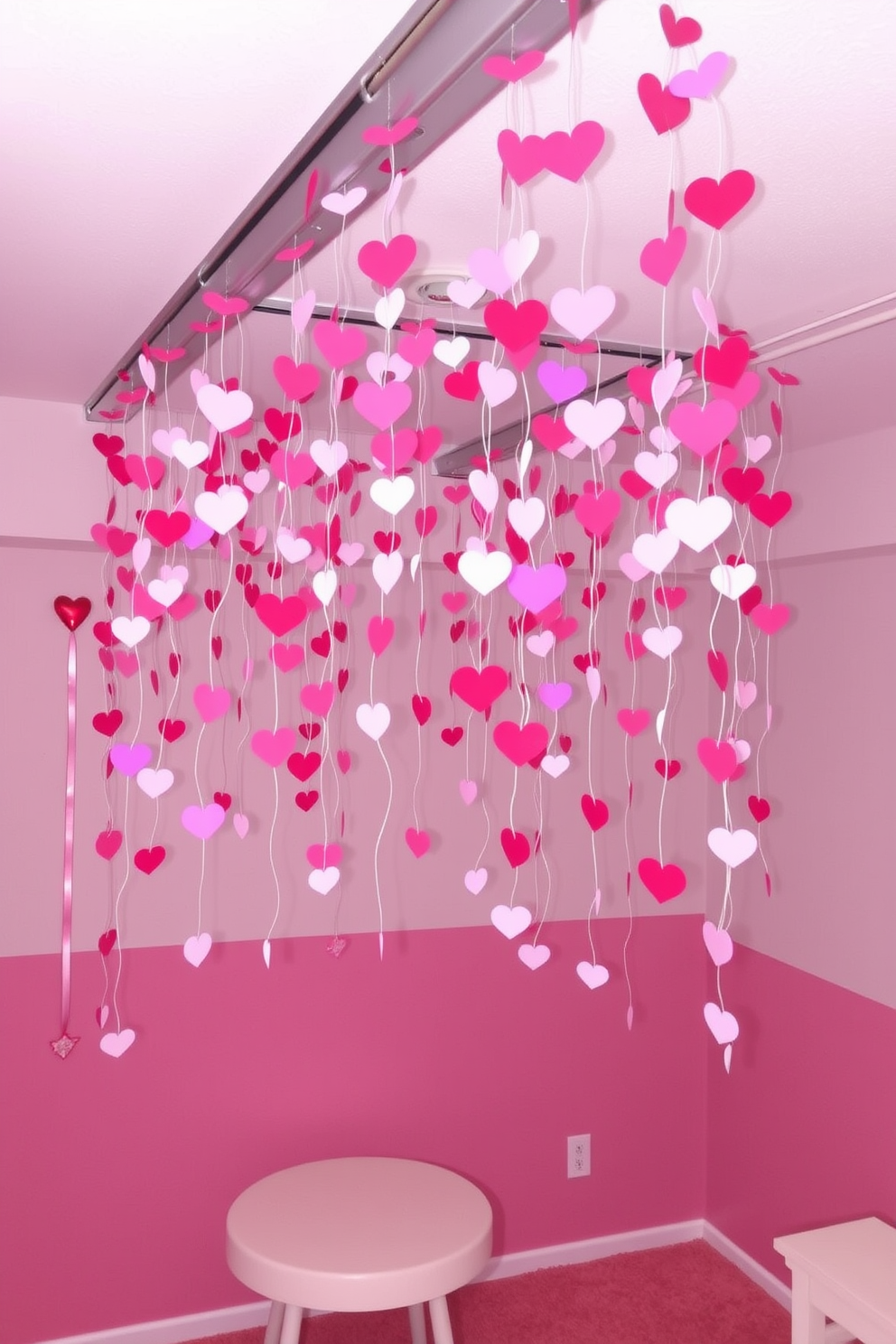 A playful basement space adorned with whimsical heart garlands cascading down from the ceiling. The walls are painted in soft pastel colors, creating a cheerful atmosphere perfect for Valentine's Day celebrations.