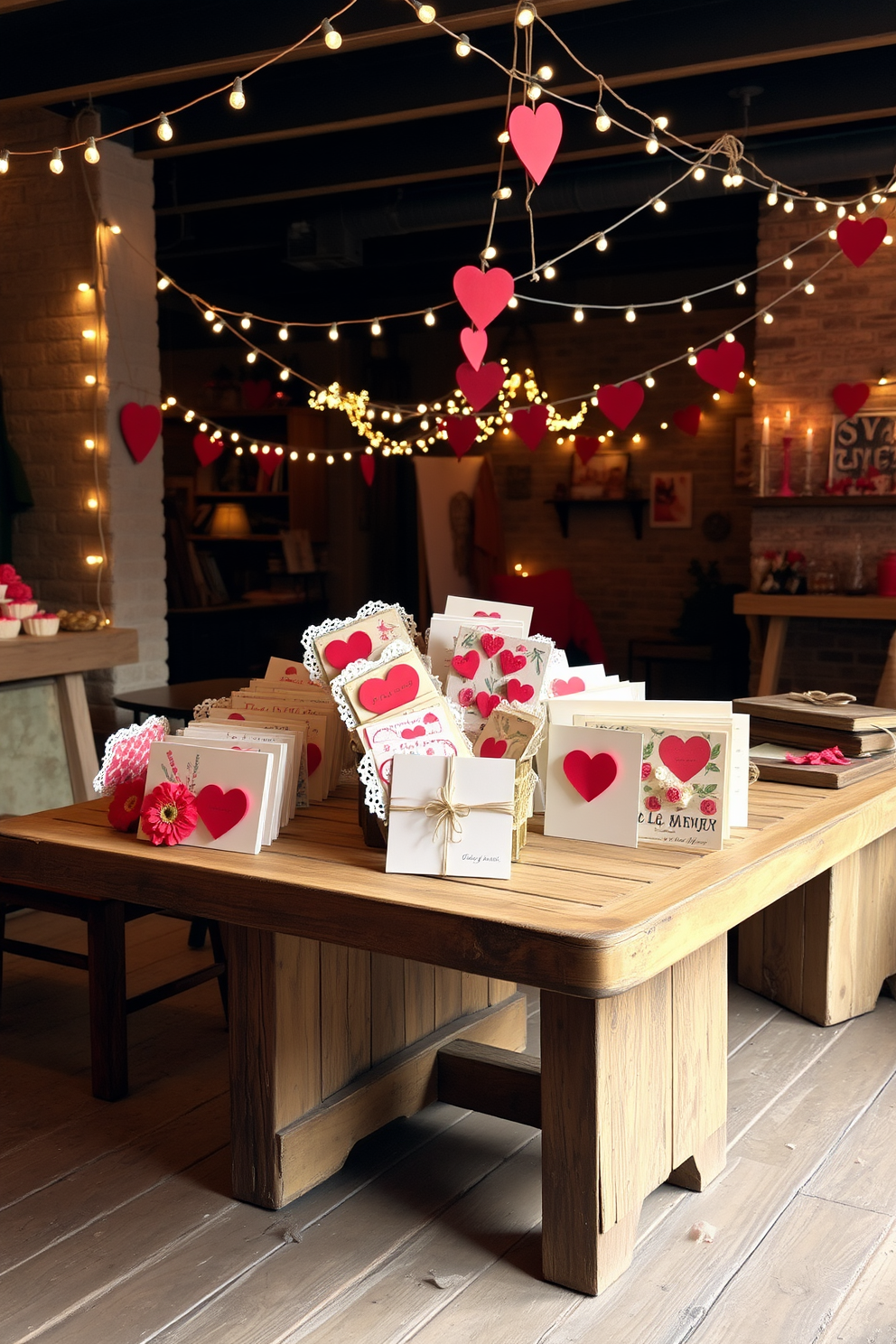 Artfully arranged vintage cards are displayed on a rustic wooden table, creating a charming focal point. The cards are layered with delicate lace and twine, enhancing the nostalgic feel of the setting. In the basement, soft string lights illuminate the space, casting a warm glow over the decorations. Heart-shaped garlands hang from the ceiling, adding a festive touch to the Valentine's Day theme.