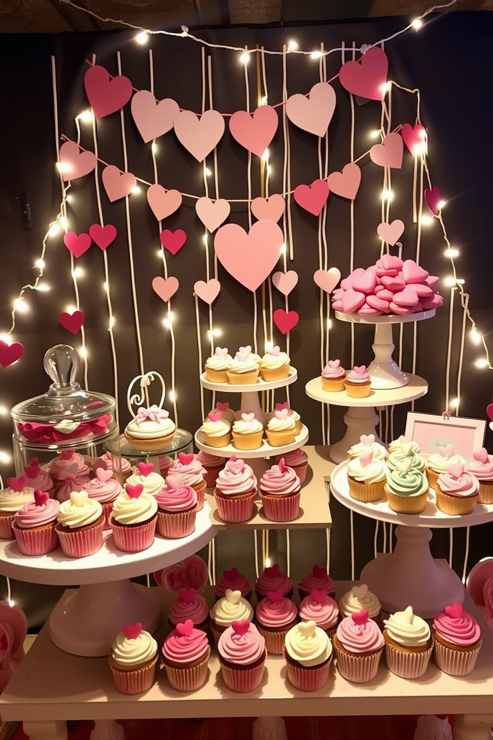 A charming sweet treats station is set up in the basement featuring an array of beautifully decorated cupcakes in pastel colors. The backdrop is adorned with heart-shaped garlands and soft fairy lights, creating a warm and inviting atmosphere for Valentine's Day celebrations.