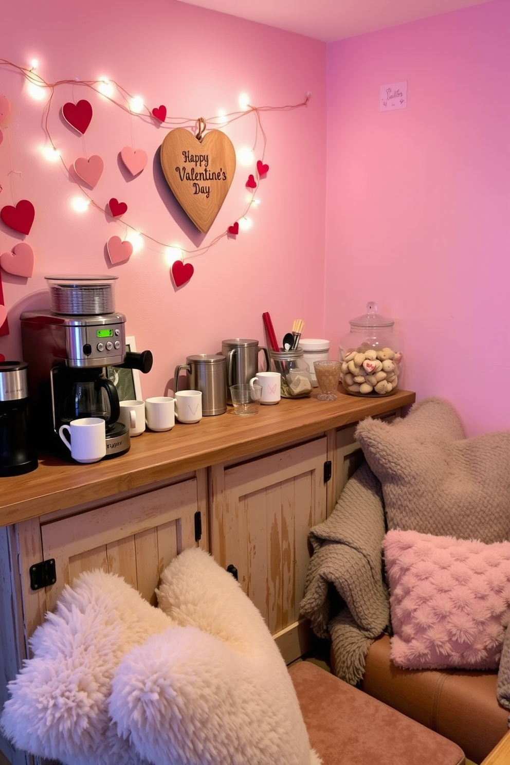 A cozy basement coffee bar setup for Valentine's Day. There is a rustic wooden counter adorned with heart-shaped decorations and twinkling fairy lights. On the counter, a vintage coffee maker sits next to a selection of romantic mugs and a glass jar filled with heart-shaped cookies. The walls are painted in soft pink, and a plush seating area features cozy cushions and throws for an inviting atmosphere.