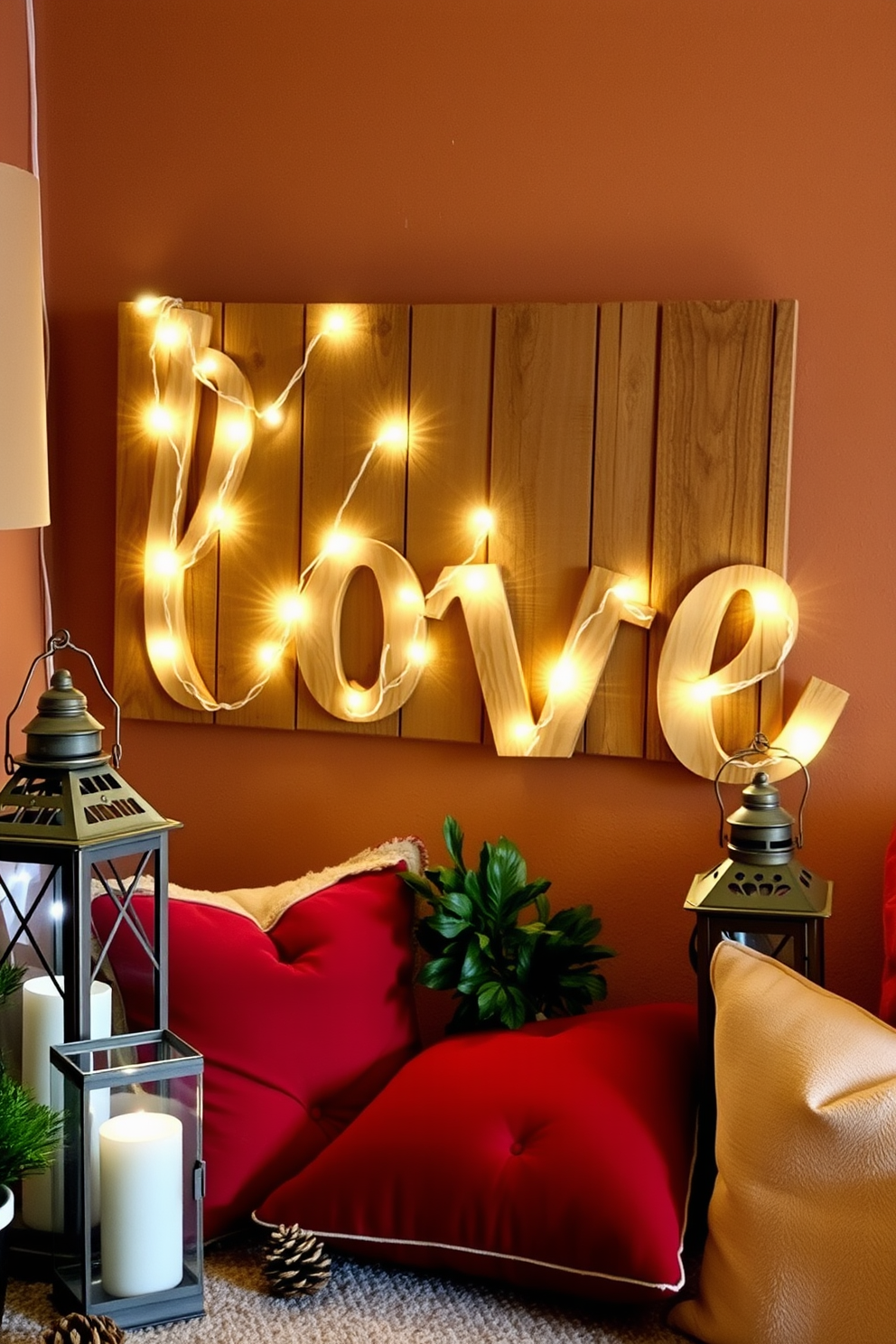 A rustic wooden love sign is prominently displayed against a backdrop of warm, earthy tones. The sign is adorned with delicate fairy lights, creating a cozy atmosphere perfect for a basement Valentine's Day celebration. Surrounding the sign, vintage-style lanterns cast a soft glow, while plush cushions in shades of red and cream invite guests to sit and enjoy the ambiance. Natural elements like pinecones and small potted plants are scattered throughout, enhancing the rustic charm of the space.