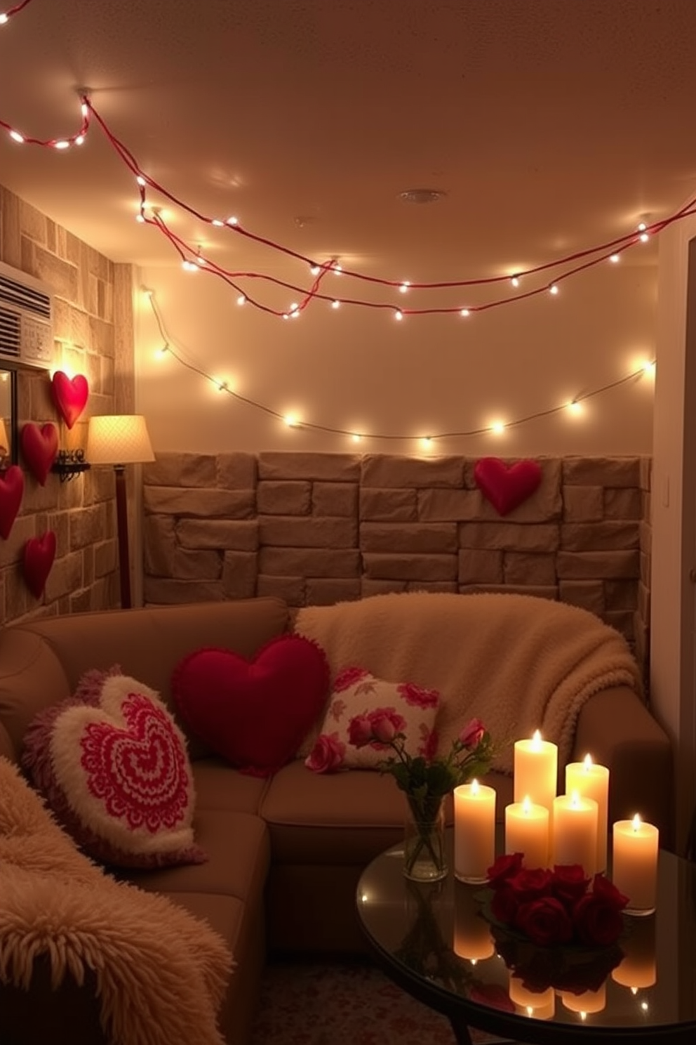 A cozy basement setting adorned with mood lighting from soft lamps creates a warm and inviting atmosphere. Delicate string lights drape across the ceiling, casting a gentle glow that enhances the romantic feel of the space. Incorporate Valentine's Day decorations such as heart-shaped pillows and plush throws on the seating area. A small table is set with candles and a vase of fresh roses, adding a touch of elegance and love to the ambiance.