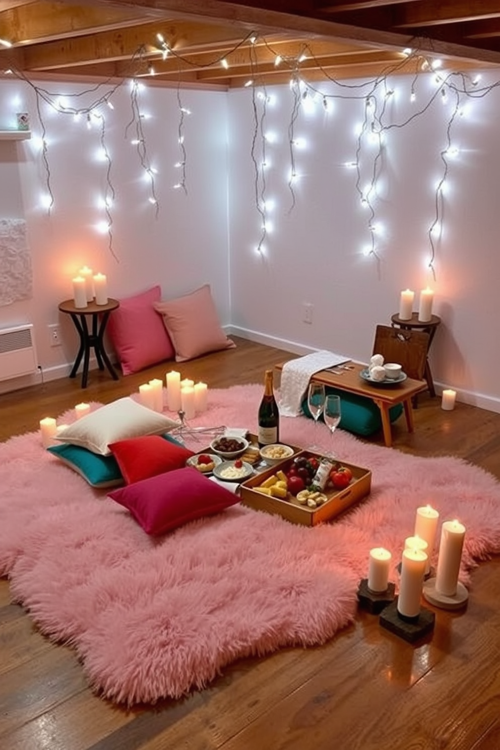 A romantic picnic setup on the floor features a soft, plush blanket spread out in the center, adorned with an array of colorful cushions for comfort. A low wooden table sits nearby, laden with an assortment of gourmet snacks, fresh fruits, and a bottle of sparkling wine, creating an intimate atmosphere perfect for Valentine's Day. Surrounding the setup are flickering candles in elegant holders, casting a warm glow throughout the basement space. Delicate fairy lights drape from the ceiling, enhancing the cozy ambiance and making the setting feel magical and inviting.