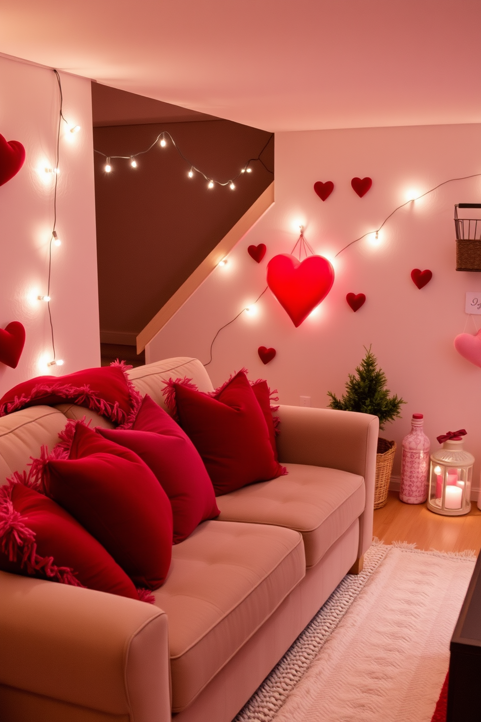 A cozy basement space adorned for Valentine's Day. The sofa is embellished with red and pink throw pillows, creating a warm and inviting atmosphere. Soft lighting from string lights casts a gentle glow across the room. Heart-themed decorations are scattered throughout, enhancing the romantic ambiance.