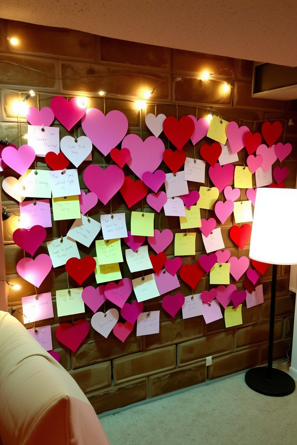 Create an interactive love note wall in a cozy basement setting for Valentine's Day. Use colorful paper hearts and sticky notes for guests to write their messages, surrounded by soft fairy lights to enhance the romantic atmosphere.