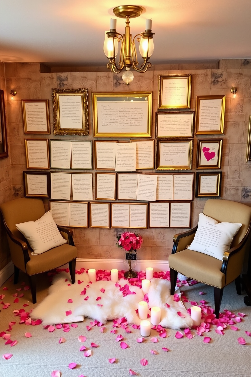 A charming vintage love letter display adorns the basement wall. The letters are elegantly framed in antique gold frames, creating a romantic atmosphere for Valentine's Day. Scattered around the display are delicate rose petals and soft candlelight that enhances the warmth of the setting. Cozy seating is arranged nearby, inviting guests to read the heartfelt messages and enjoy the intimate ambiance.