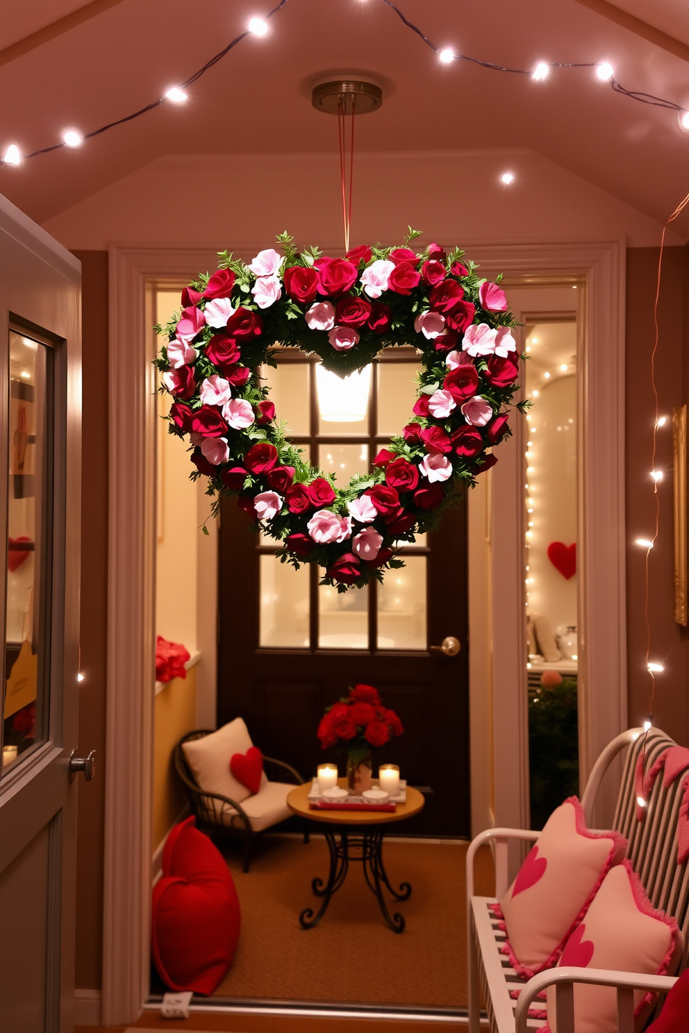 A charming heart-shaped wreath adorns the front door, crafted from red and pink flowers intertwined with greenery. Surrounding the entrance, soft lighting creates a warm and inviting atmosphere, perfect for celebrating love. In the basement, festive decorations bring the spirit of Valentine's Day to life. Delicate string lights hang from the ceiling, illuminating a cozy seating area adorned with heart-themed pillows and a romantic table setting.