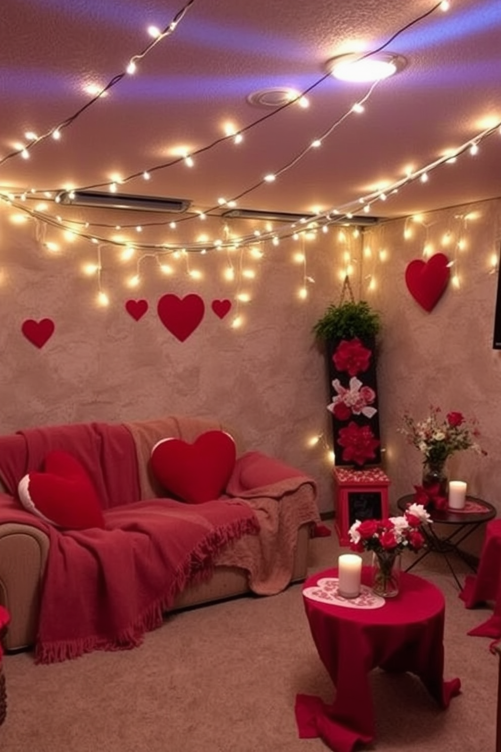 A cozy basement setting adorned with soft fairy lights draped across the ceiling creates a warm and inviting atmosphere. The space is decorated with heart-shaped pillows and red accents to celebrate Valentine's Day, enhancing the romantic ambiance. A comfortable seating area features a plush sofa with throw blankets, inviting guests to relax and enjoy the festive decor. Small tables are adorned with candles and floral arrangements, adding to the charm of this Valentine's Day celebration in the basement.