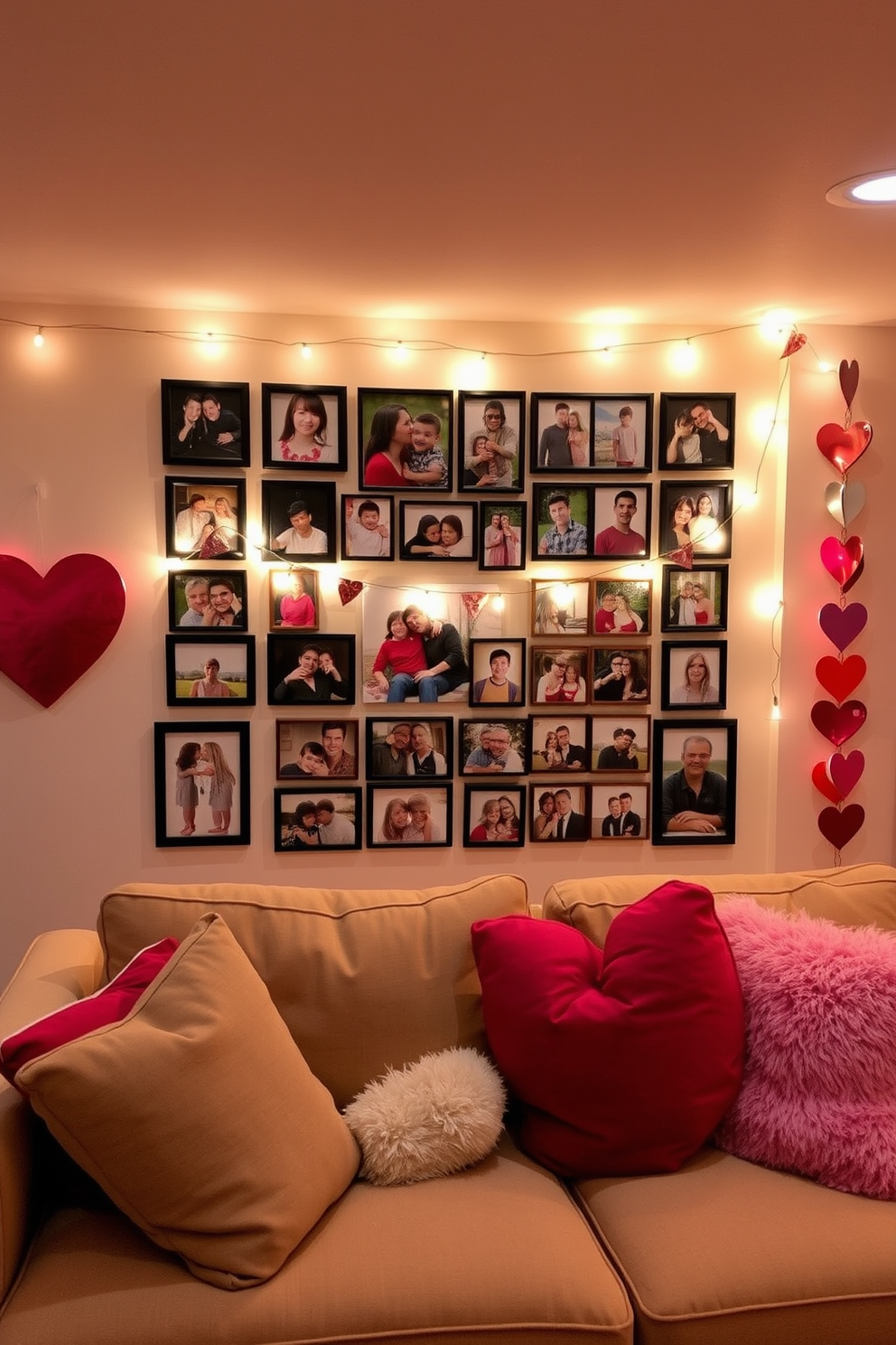 Create a cozy and inviting basement space designed for a DIY photo collage of cherished memories. The walls are adorned with a vibrant display of framed photos, showcasing special moments and loved ones, complemented by soft ambient lighting. Incorporate festive Valentine's Day decorations to enhance the atmosphere. Use heart-shaped garlands and plush cushions in shades of red and pink to create a romantic and warm environment.