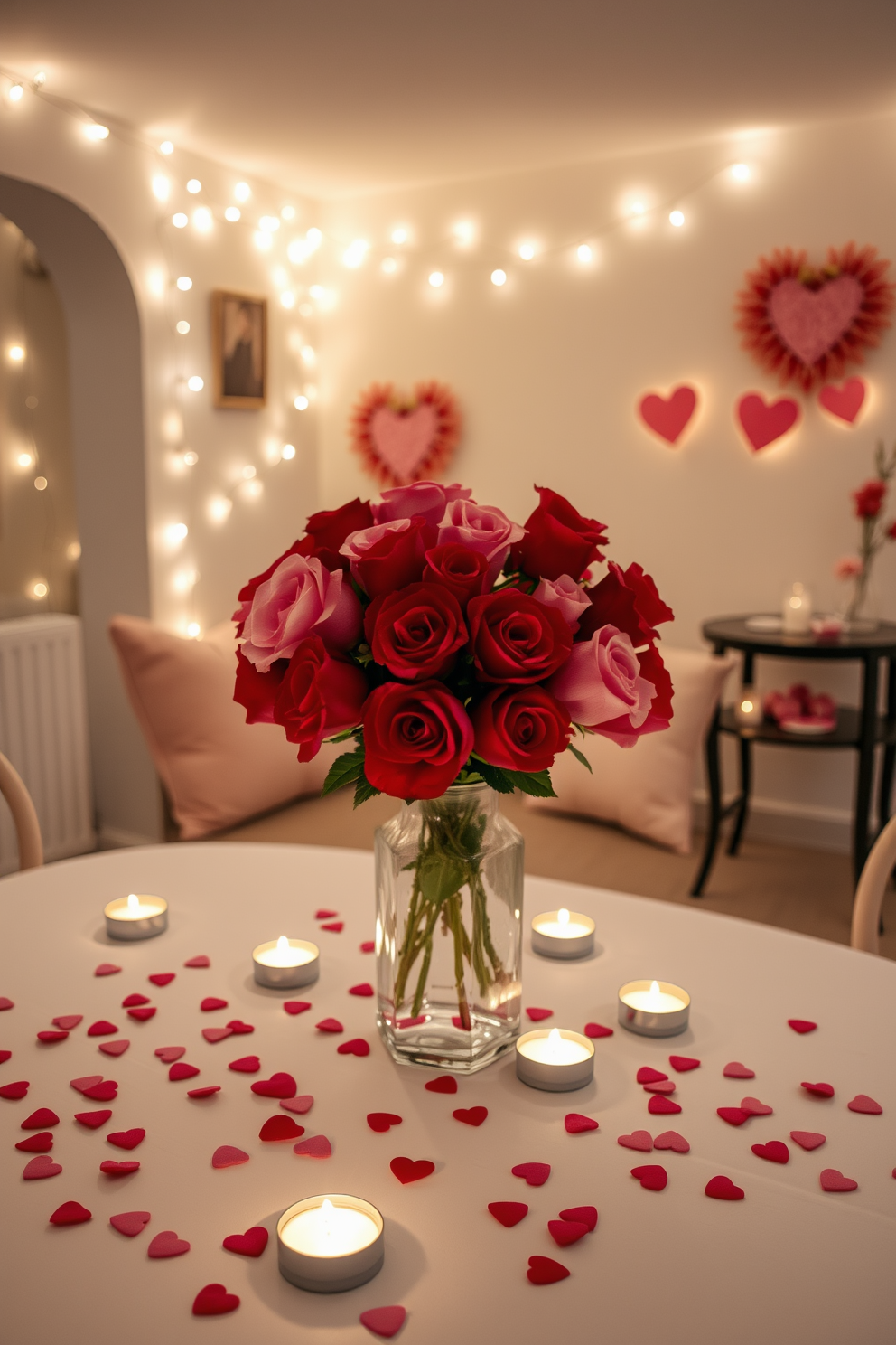 A romantic table centerpiece for Valentine's Day featuring a cluster of red and pink roses arranged in a vintage glass vase. Surrounding the vase, scattered heart-shaped confetti and flickering tea lights create a warm and inviting atmosphere. In the basement, create a cozy Valentine's Day setting with soft fairy lights draped along the walls. Add plush cushions and a small table adorned with heart-themed decorations to enhance the festive spirit.