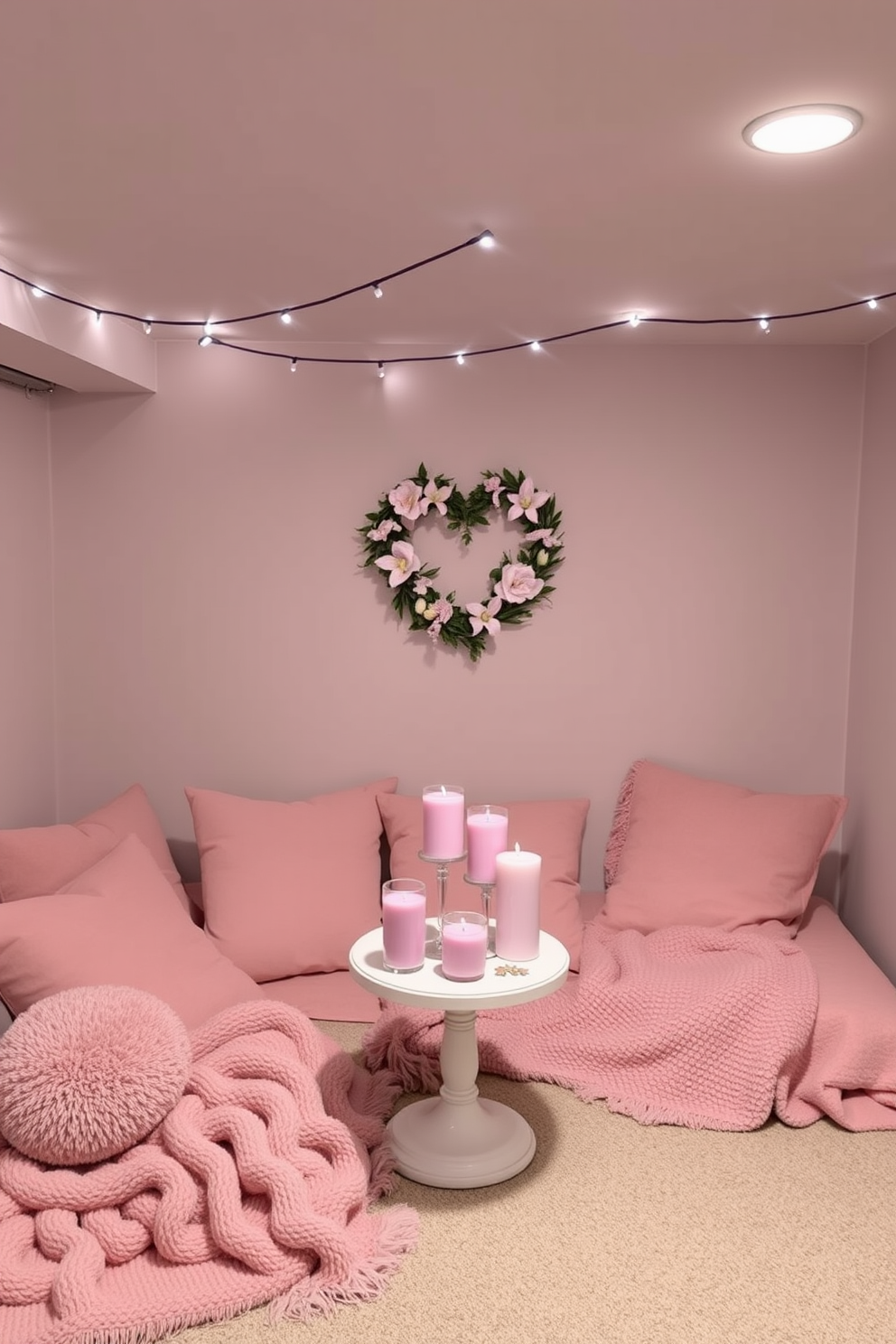 A cozy basement decorated for Valentine's Day features soft pastel colors throughout the space. Delicate pink and lavender accents are present in the throw pillows and blankets, creating a warm and inviting atmosphere. A heart-shaped wreath adorns the wall, while string lights add a touch of whimsy overhead. A small table is set with pastel-colored candles and heart-themed decorations, perfect for a romantic gathering.