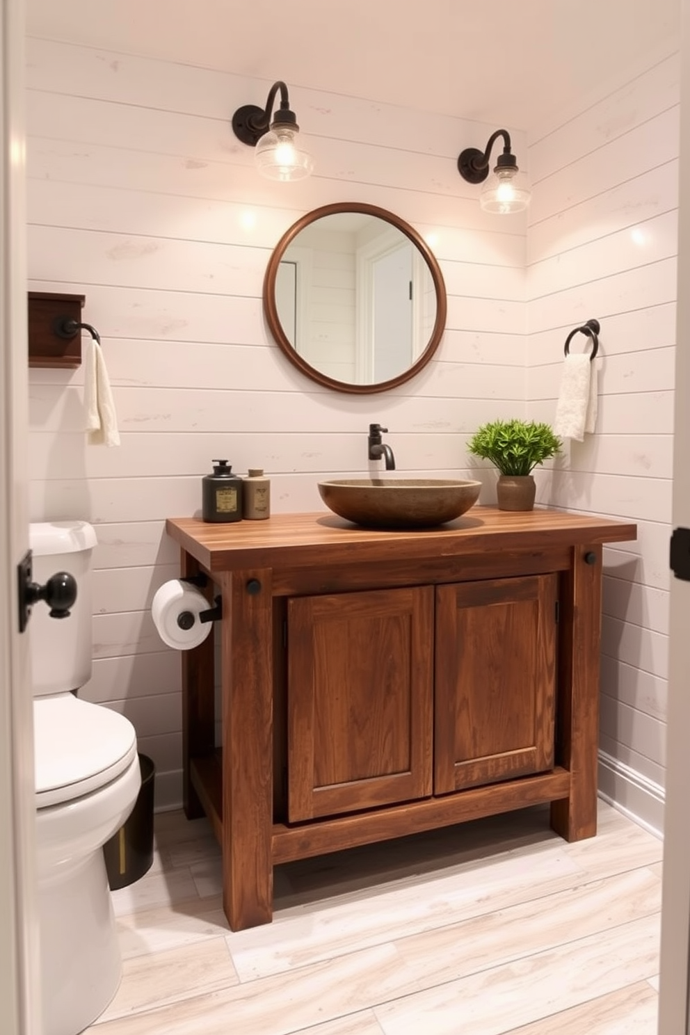 Cozy farmhouse style with shiplap walls creates a warm and inviting atmosphere in the basement washroom. The space features a rustic wooden vanity with a vessel sink, complemented by vintage-inspired fixtures and soft, ambient lighting.