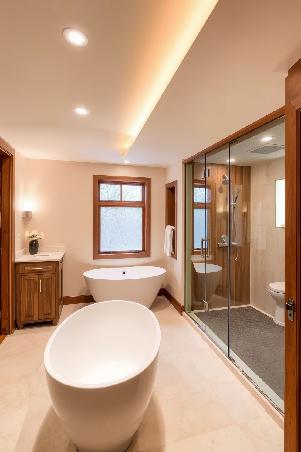 A spa-like retreat with soft lighting creates a calming atmosphere. The walls are painted in a soft beige, and a freestanding soaking tub is positioned under a frosted window. Natural wood accents are integrated throughout, including a wooden vanity with a white countertop. Ambient lighting fixtures are strategically placed to enhance the serene environment. Basement washroom design ideas focus on maximizing space while providing a luxurious feel. A glass-enclosed shower with rainfall fixtures complements the modern aesthetic, and elegant tiles line the floor for added sophistication.