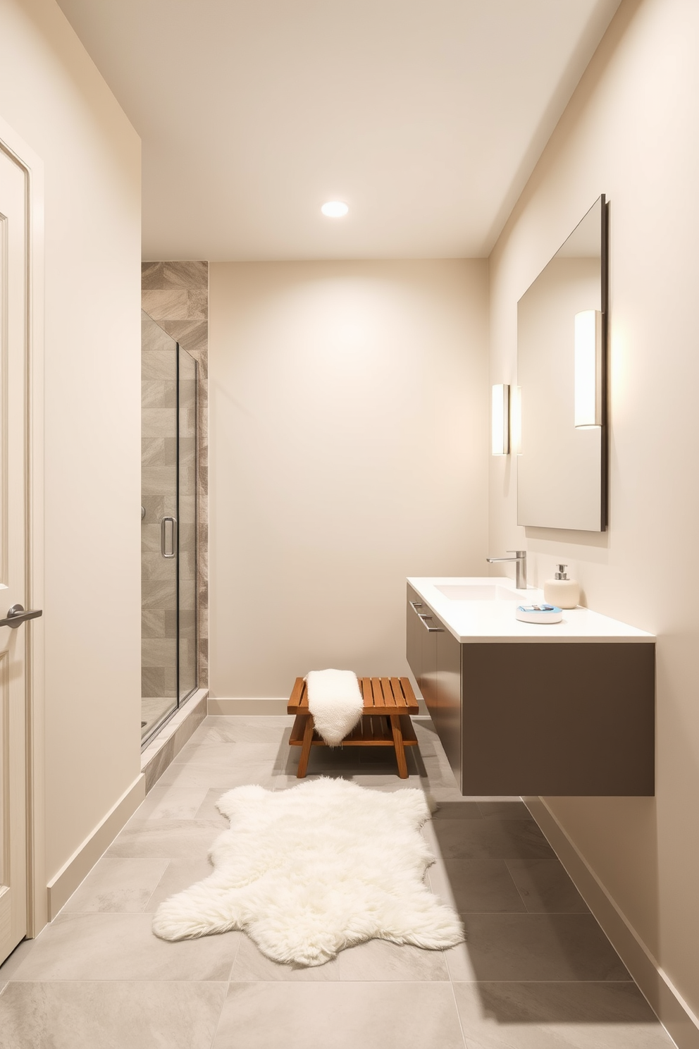 A serene basement washroom featuring soft beige walls and a light gray tiled floor. The space includes a modern floating vanity with a white sink and brushed nickel fixtures, complemented by a large frameless mirror above. Incorporate a spacious shower area with a glass enclosure and neutral stone tiles. A plush white rug lies beneath a small wooden bench, adding warmth and comfort to the tranquil setting.