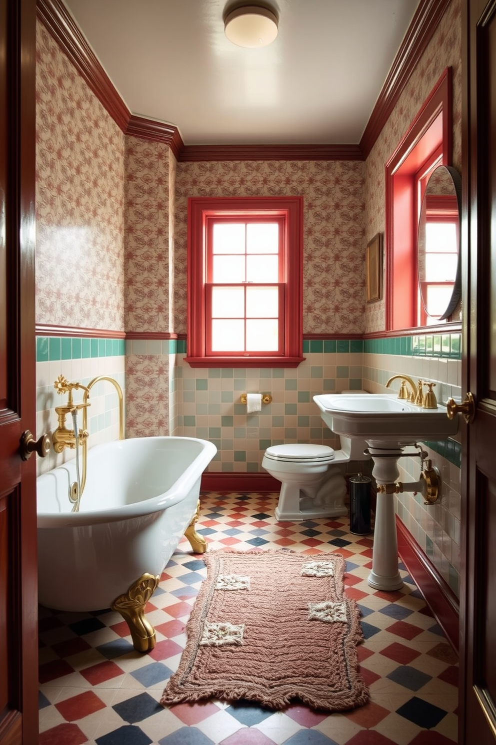 A vintage basement washroom featuring colorful retro tiles that create a playful and inviting atmosphere. The space includes a freestanding bathtub with elegant claw feet and a classic pedestal sink, both complemented by antique brass fixtures. The walls are adorned with patterned wallpaper that enhances the nostalgic feel, while a large window allows natural light to flood the room. A cozy rug lies underfoot, adding warmth and comfort to the stylish design.