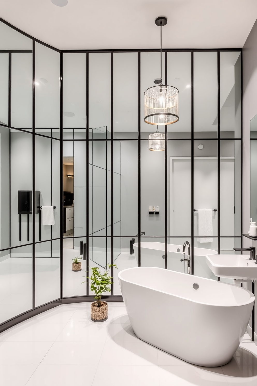 A stylish basement washroom featuring an expansive wall of mirrors that reflect light and create a sense of depth. The mirrors are framed in sleek black, complementing the modern fixtures and the soft gray walls. A freestanding bathtub sits against one wall, with a chic pendant light hanging above it. The floor is adorned with large white tiles, while a small potted plant adds a touch of greenery to the space.