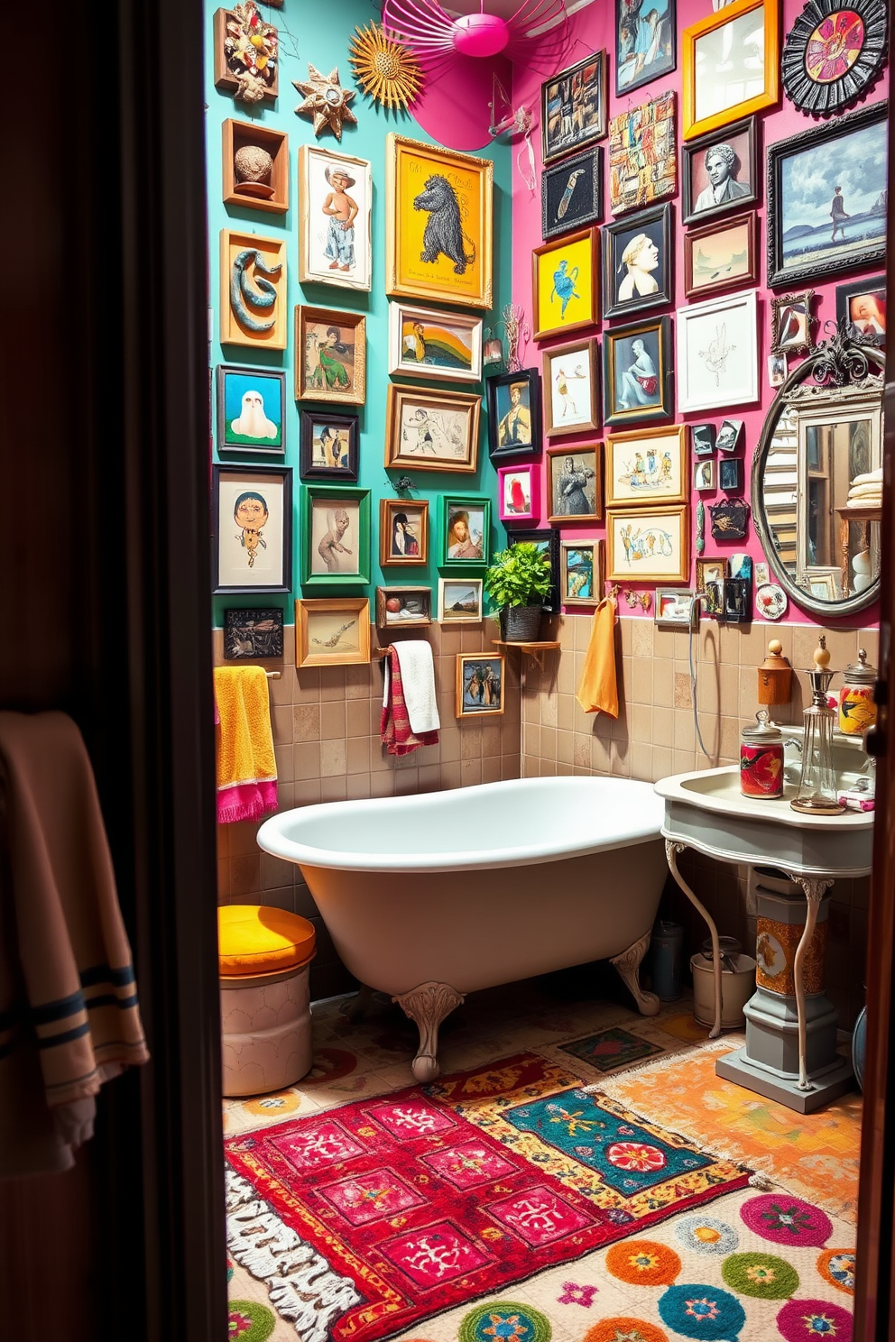 Eclectic decor featuring a mix of vibrant colors and textures. The walls are adorned with an array of framed artwork and quirky wall hangings, creating a lively atmosphere. A vintage clawfoot bathtub sits in the center, surrounded by unique accessories such as a colorful rug and mismatched towels. The sink area showcases an antique mirror and a collection of decorative jars filled with bath essentials.