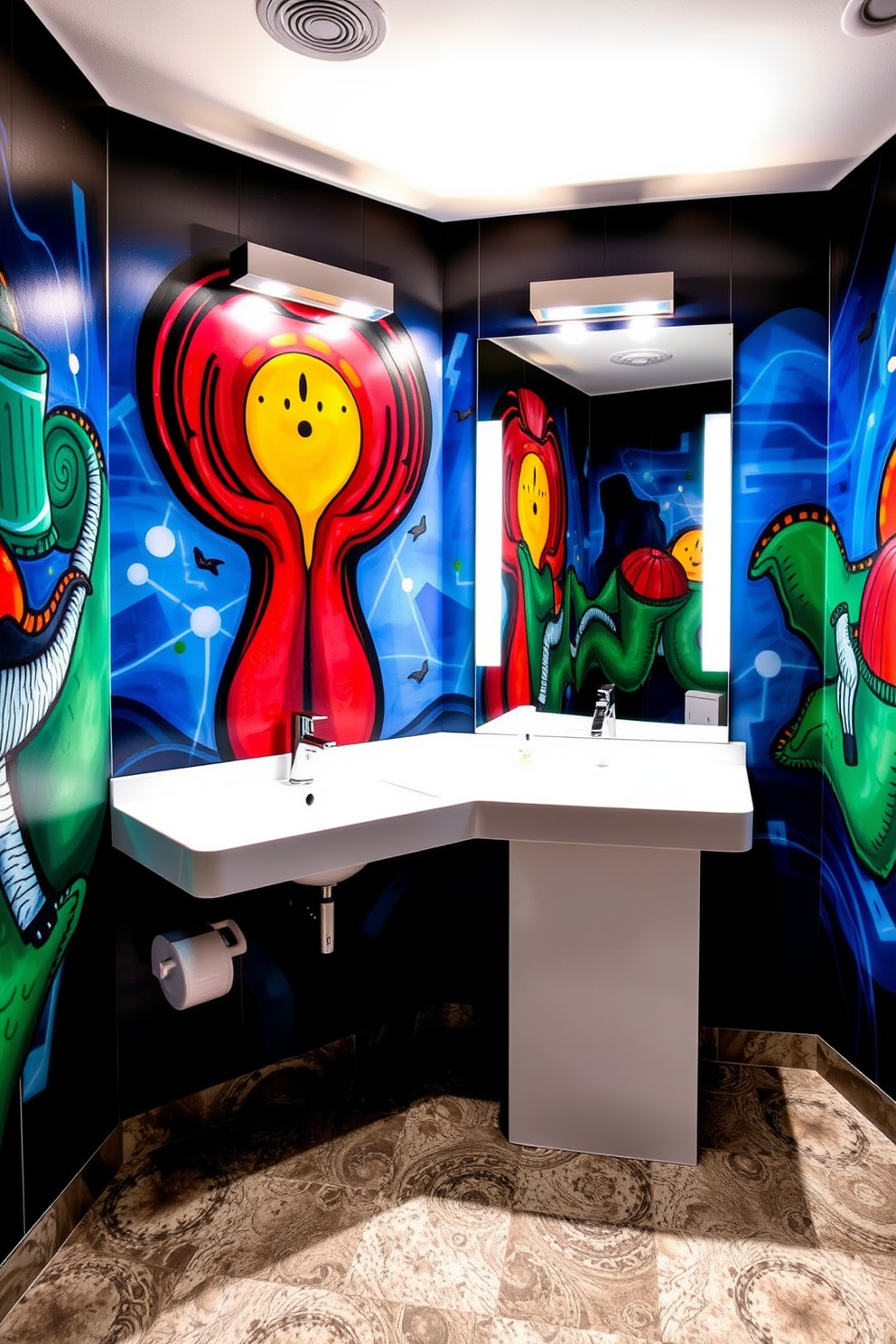 Artistic murals adorn the walls of the basement washroom, creating a vibrant and personalized atmosphere. The design features a sleek, modern vanity with a large mirror that reflects the colorful artwork, enhancing the overall aesthetic. The flooring is a combination of textured tiles that provide a stylish contrast to the murals. Soft lighting fixtures are strategically placed to highlight the artwork and create a warm, inviting ambiance.