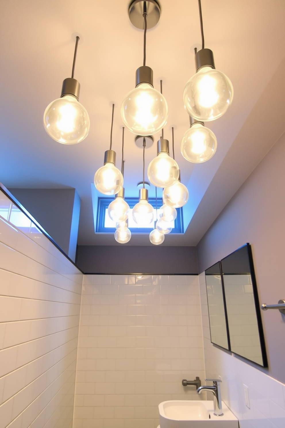 Bright pendant lights hang elegantly from the ceiling, casting a warm glow throughout the space. The basement washroom features sleek tiles and modern fixtures, creating a fresh and inviting atmosphere.