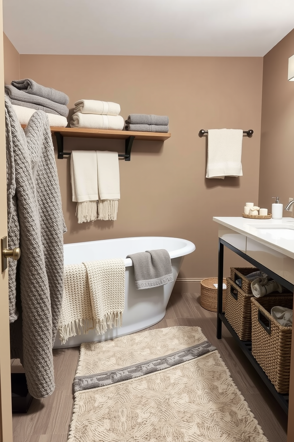 A cozy basement washroom designed with layered textiles for warmth and comfort. Soft, plush towels in various shades of gray and cream are neatly arranged on a wooden shelf, while a thick area rug in a subtle geometric pattern adds texture to the floor. The walls are painted a soft taupe, creating a warm atmosphere, and a freestanding tub is adorned with a soft knitted throw draped over the edge. A modern vanity with a sleek countertop features stylish storage baskets filled with additional textiles, enhancing the inviting feel of the space.