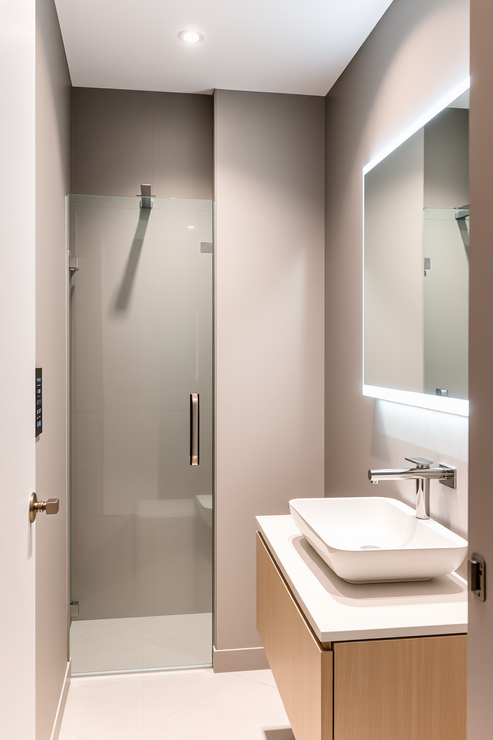 A sleek basement washroom featuring smart technology for modern convenience. The space includes a touchless faucet and a digital shower control panel, seamlessly integrated into a minimalist design. The walls are finished in a soft gray, complemented by a large backlit mirror above a floating vanity. Smart lighting adjusts automatically based on occupancy, enhancing the overall ambiance of the room.