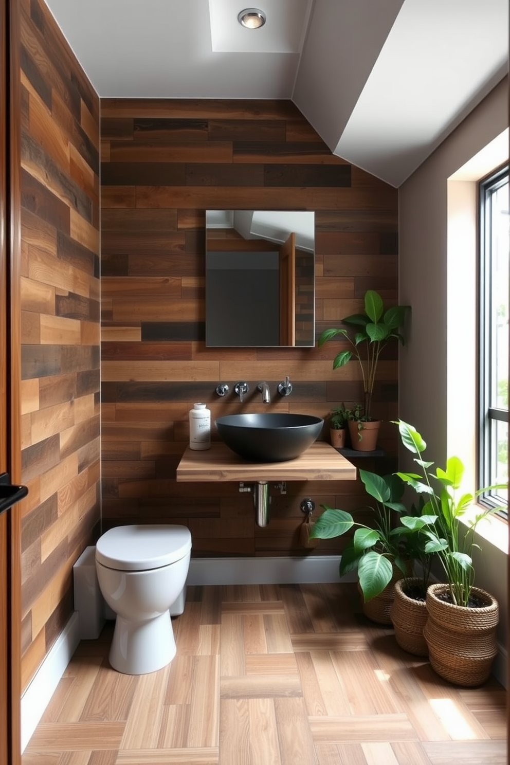 A cozy basement washroom featuring sustainable materials. The walls are clad in reclaimed wood, and the floor is made of bamboo tiles, creating a warm and inviting atmosphere. A floating vanity made from recycled materials showcases a sleek, vessel sink. Natural light filters in through a small window, illuminating the space and highlighting the greenery from potted plants.