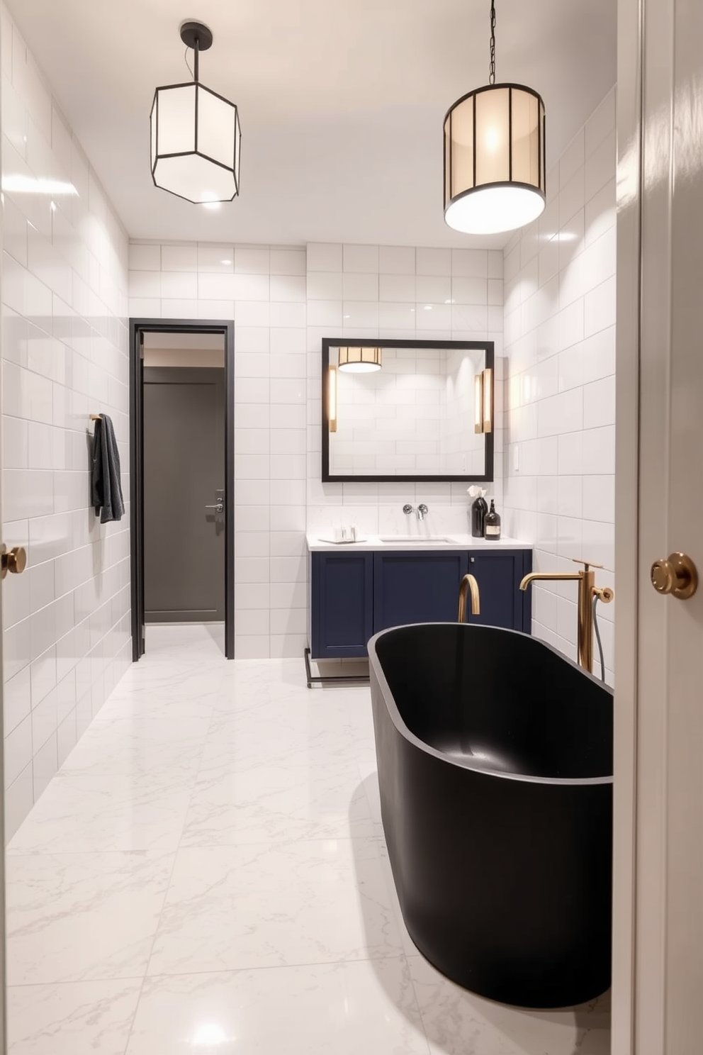 A basement washroom that features bold fixtures as focal points. The space includes a freestanding bathtub with a striking black matte finish and a modern gold faucet that draws the eye. The walls are adorned with large white tiles that create a clean and spacious feel. A sleek vanity with a deep blue finish and a white marble countertop complements the luxurious aesthetic of the room. Lighting is provided by a stylish pendant light that hangs above the bathtub, casting a warm glow. A large mirror with a geometric frame enhances the sense of space and adds a contemporary touch.