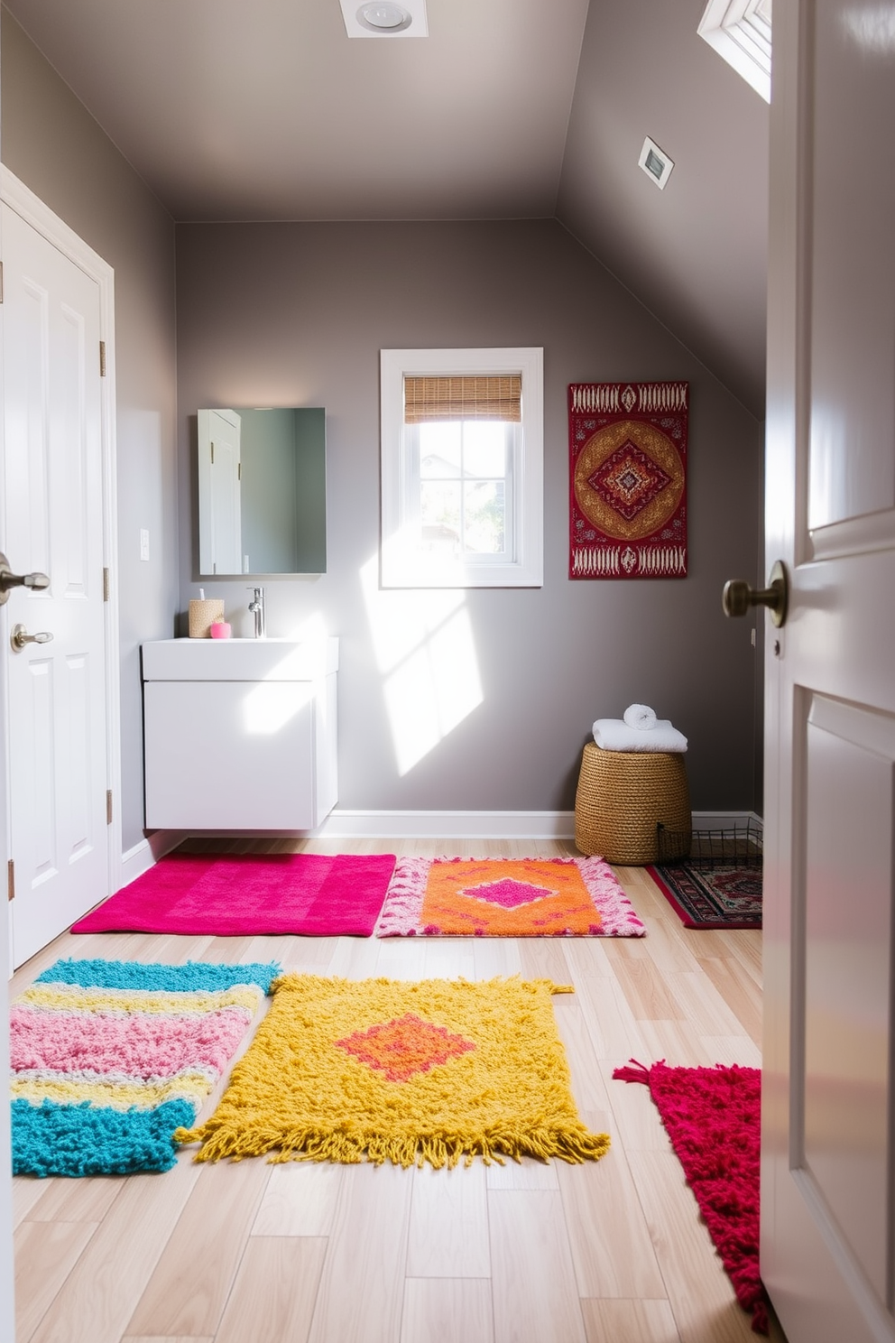 A cozy basement washroom featuring colorful rugs that add warmth to the space. The walls are painted in a soft gray, and the flooring is a light wood that complements the vibrant rugs scattered around. The washroom includes a sleek modern vanity with a white sink and brushed nickel fixtures. Natural light pours in through a small window, enhancing the cheerful atmosphere created by the colorful decor.