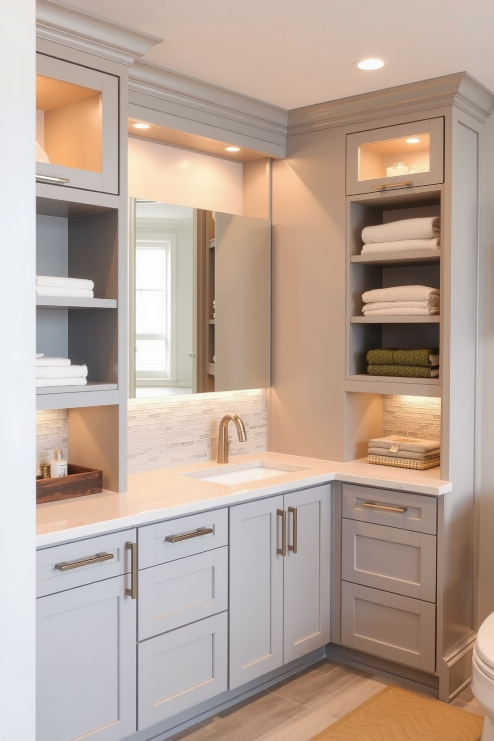 Custom cabinetry designed for a basement washroom features sleek, modern lines with a mix of open shelves and closed storage. The cabinetry is finished in a soft gray hue, complementing the warm lighting and creating an inviting atmosphere. Incorporating a built-in sink area, the cabinetry provides ample space for toiletries and towels while maintaining a clean aesthetic. Textured tile backsplashes add visual interest, enhancing the overall design while keeping functionality in mind.