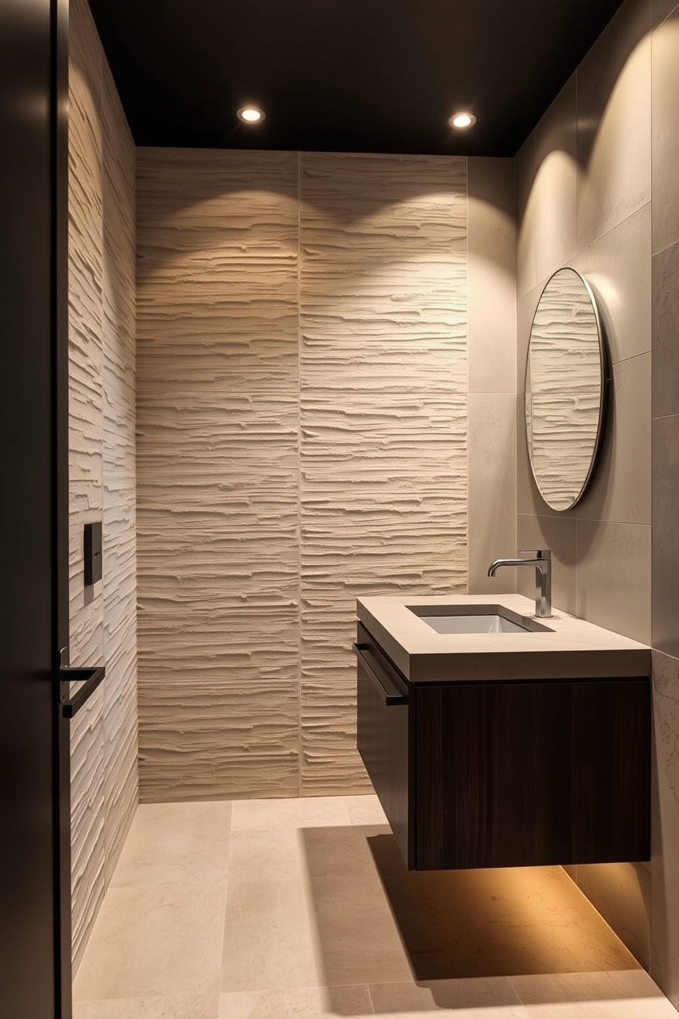 Textured walls create a striking backdrop in a basement washroom, enhancing the overall aesthetic with depth and character. The design features a combination of natural stone and soft plaster finishes that invite a sense of warmth and sophistication. The washroom includes a sleek, modern vanity with a dark wood finish and a polished concrete countertop. Ambient lighting highlights the textures of the walls, creating a serene and inviting atmosphere perfect for relaxation.