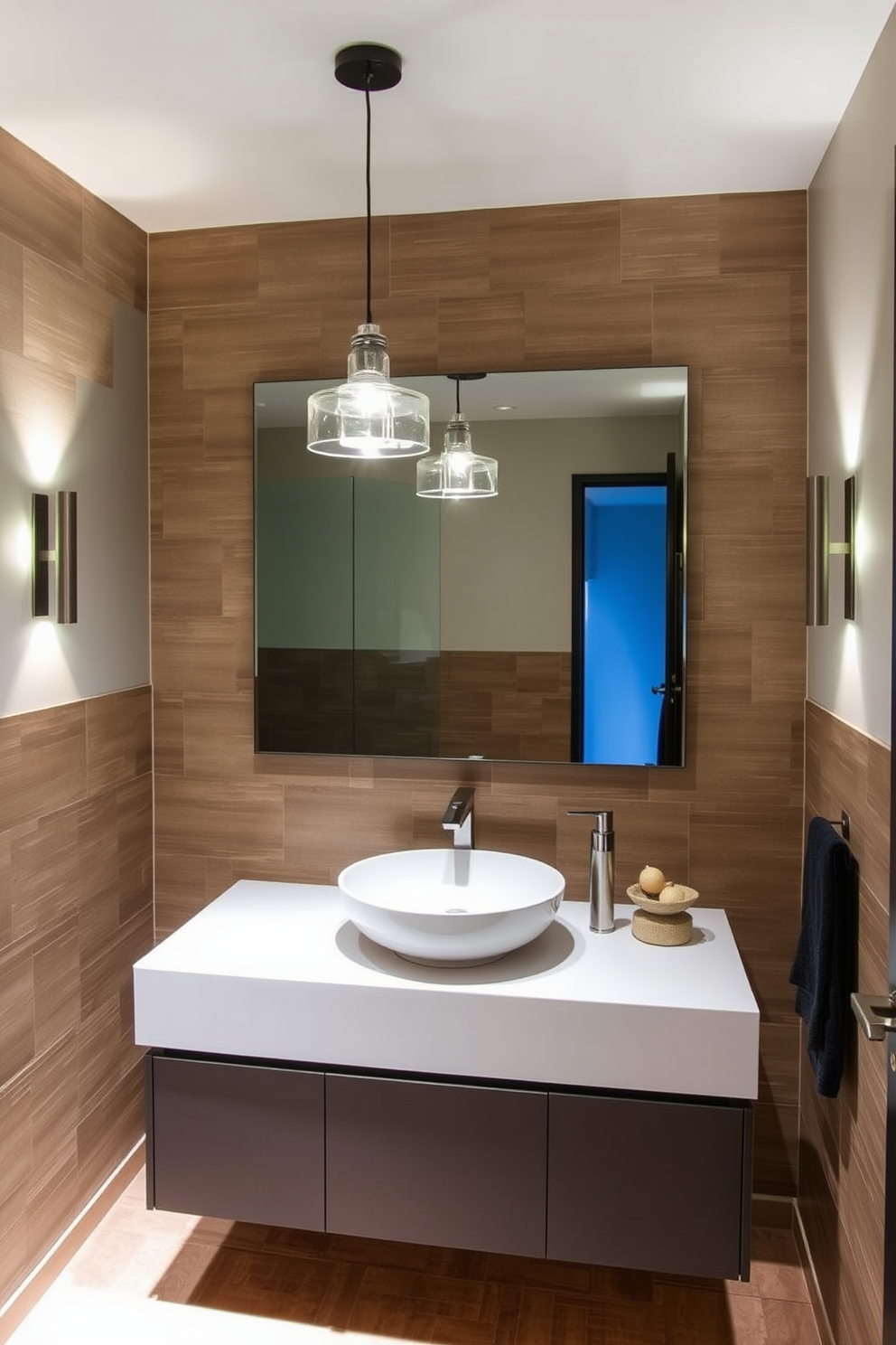 A stylish basement washroom featuring creative lighting that enhances the overall ambiance. The space includes a sleek floating vanity with a vessel sink, and pendant lights with a modern design hang above it, casting a warm glow. The walls are adorned with textured tiles in earthy tones, creating a cozy atmosphere. A large mirror reflects the light, making the space feel more open, while wall sconces provide additional illumination on either side.