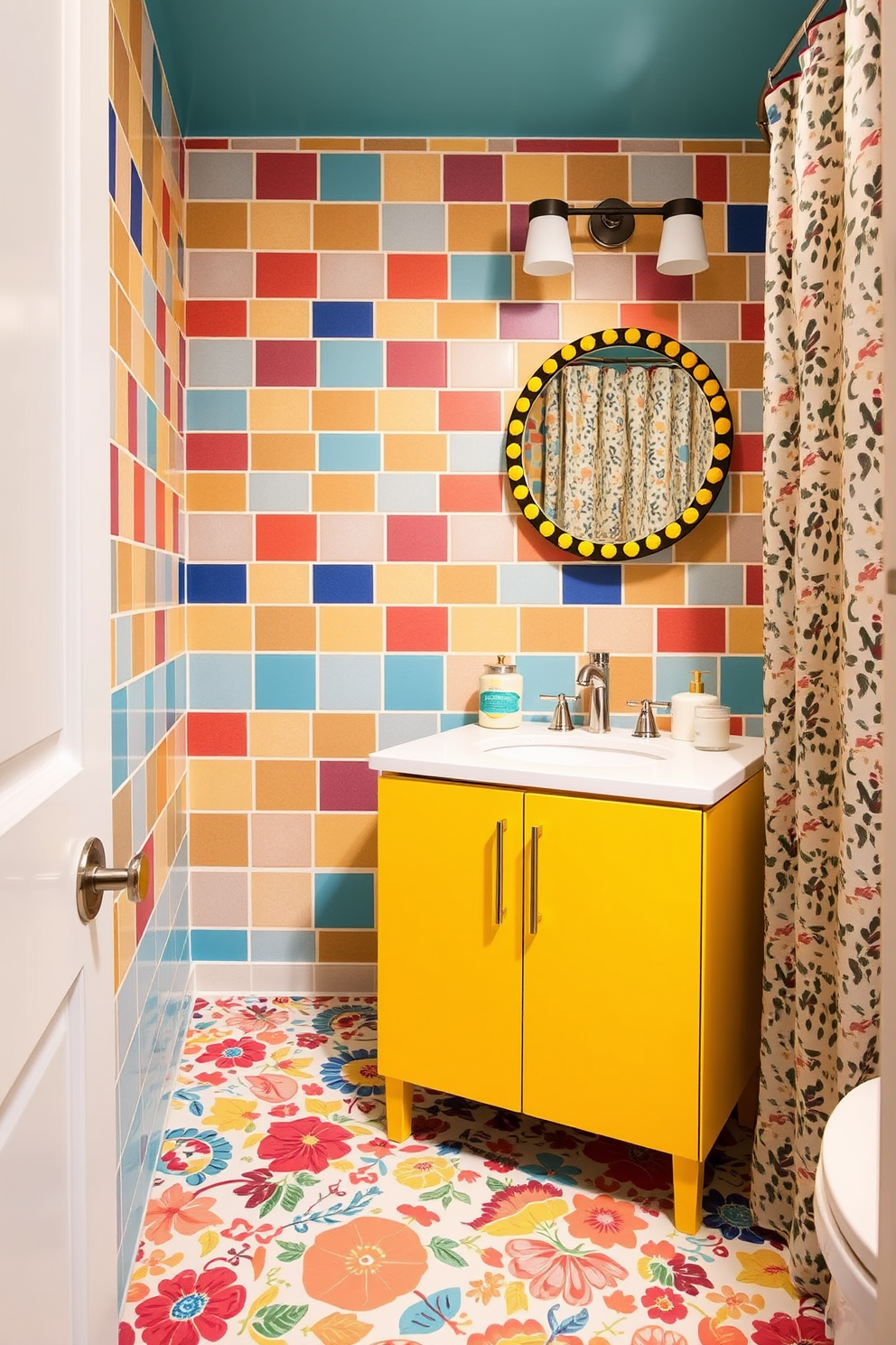 A playful basement washroom features a vibrant mix of patterns that create an inviting atmosphere. The walls are adorned with colorful geometric tiles, while the floor showcases a contrasting floral pattern that adds depth and interest. The vanity is a sleek, modern design with a bright yellow finish, topped with a white countertop that complements the playful theme. Above the vanity, a round mirror with a whimsical frame enhances the cheerful vibe, and a patterned shower curtain adds a fun element to the space.