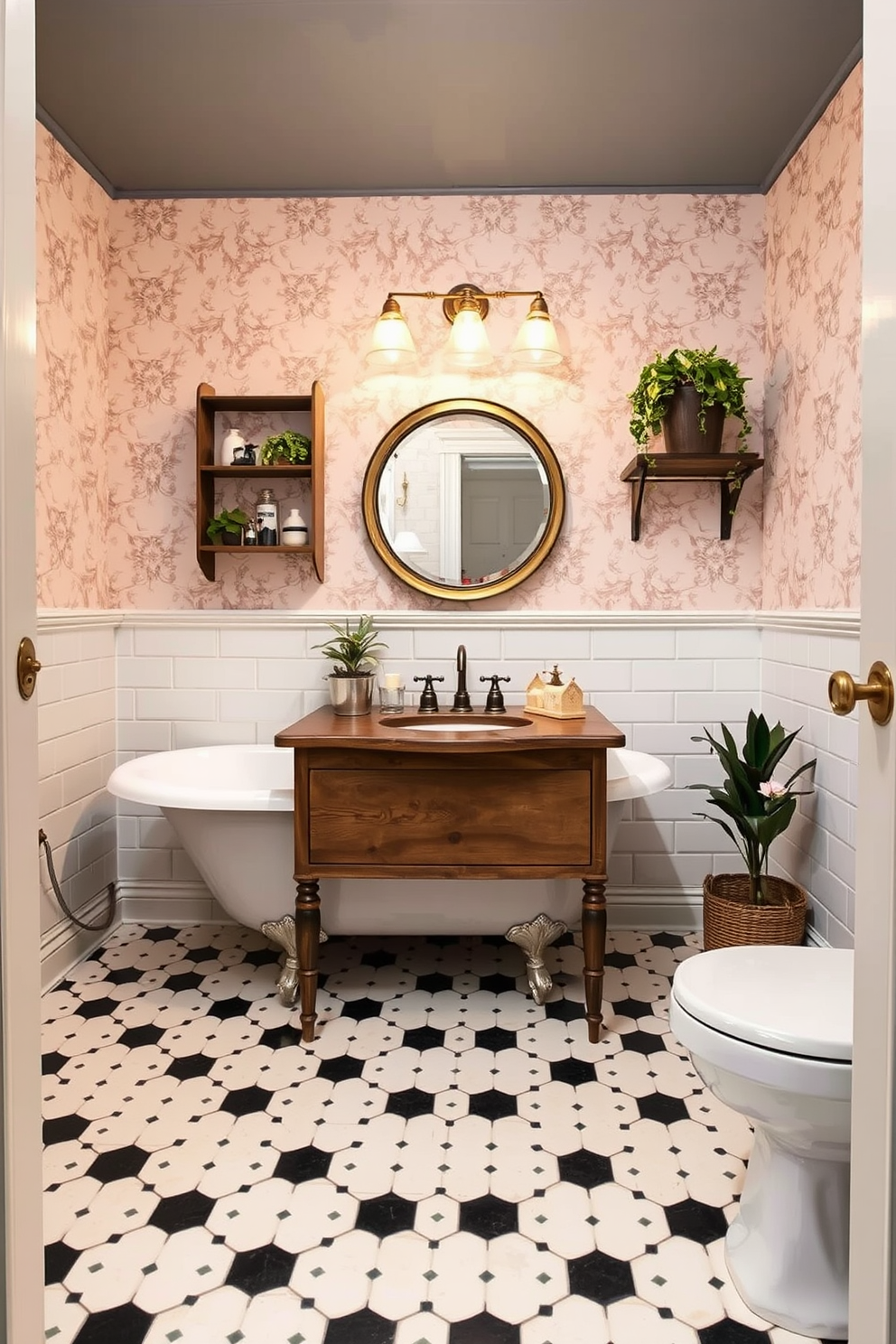 A vintage basement washroom design featuring a clawfoot tub as the centerpiece. The walls are adorned with soft pastel wallpaper, and the floor is covered with classic black and white checkered tiles. A rustic wooden vanity complements the vintage aesthetic, topped with a round mirror framed in antique brass. Decorative elements include potted plants and vintage-style light fixtures that enhance the warm, inviting atmosphere.