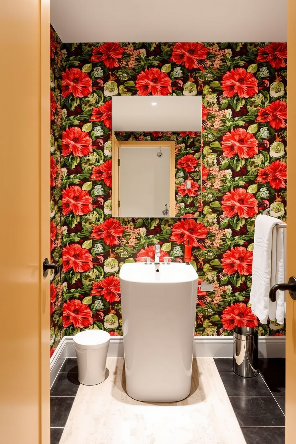 A striking basement washroom features bold floral wallpaper that creates a vibrant focal point. The space is enhanced by sleek fixtures and a modern, freestanding sink that contrasts beautifully with the wallpaper. The flooring is a combination of dark tiles and light wood accents, adding warmth to the room. A large mirror above the sink reflects the lively patterns, making the space feel larger and more inviting.