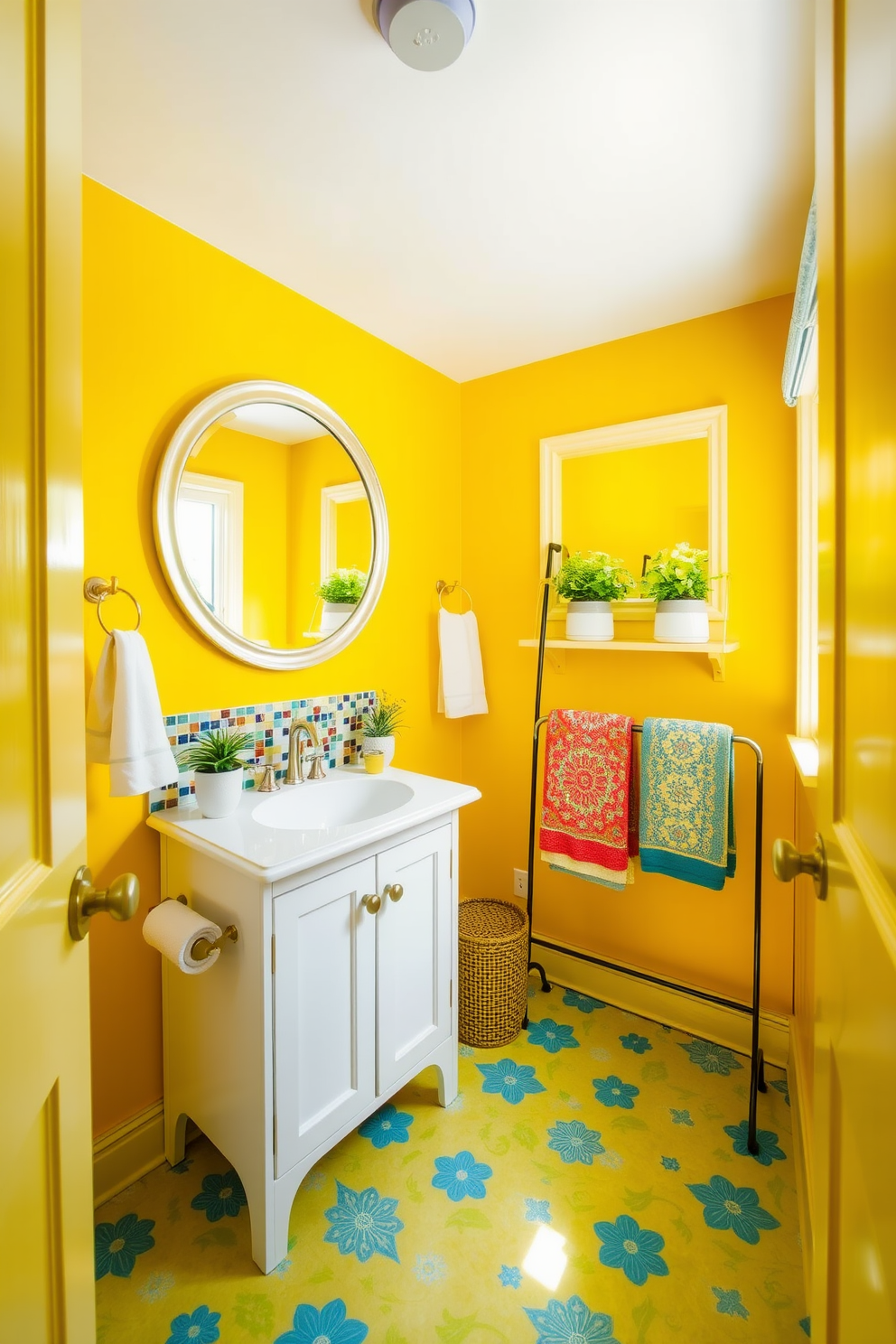 A bright and cheerful basement washroom featuring vibrant yellow walls that reflect natural light. The space includes a compact white vanity with a colorful mosaic backsplash and a large round mirror that amplifies the brightness. The floor is adorned with playful patterned tiles in shades of blue and green. Accents of greenery are added with potted plants on the windowsill and colorful towels neatly arranged on a rack.