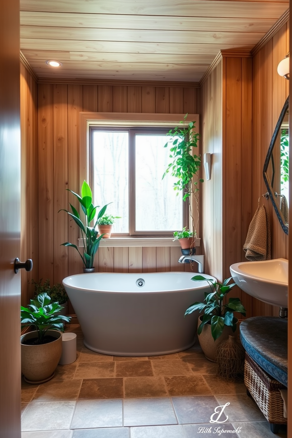 A nature-inspired basement washroom design featuring warm wood accents. The walls are clad in light wood paneling, creating a cozy and inviting atmosphere. A freestanding soaking tub is positioned under a large window, surrounded by potted plants that bring the outdoors in. The floor is finished with natural stone tiles in earthy tones, complementing the overall organic feel of the space.