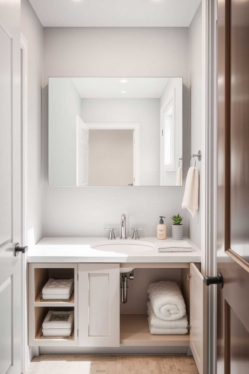 A modern basement washroom featuring functional storage solutions under the sink. The cabinetry is sleek and minimalist, with a combination of open shelves and closed storage to keep essentials organized. The walls are painted in a light gray hue, creating a bright and airy atmosphere. A large mirror above the sink reflects natural light, enhancing the overall spacious feel of the washroom.