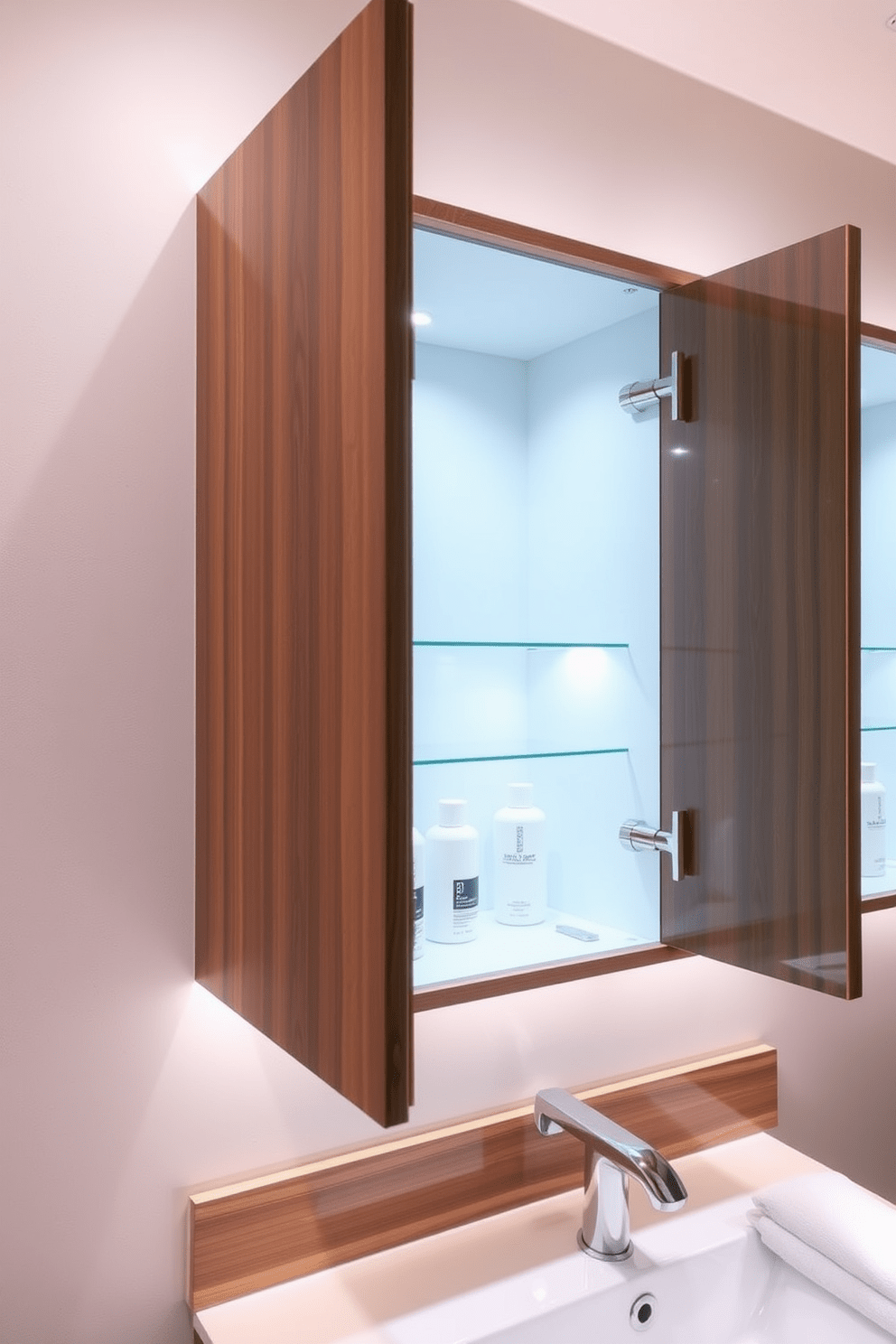 Integrated lighting enhances the functionality and aesthetic appeal of a bathroom cabinet. The cabinet features sleek lines with a modern finish, showcasing built-in LED lights that illuminate the interior and highlight the stored items. The exterior of the cabinet is a rich wood finish, complemented by a glossy countertop that reflects the light. Soft ambient lighting creates a warm atmosphere, making the space inviting and stylish.