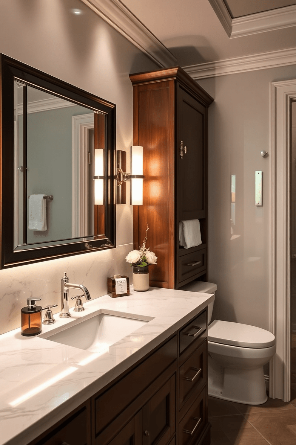 A luxurious bathroom featuring a stunning marble-top vanity with elegant fixtures and a sleek design. The vanity is complemented by tasteful decor and ambient lighting, creating a serene atmosphere. Incorporate a stylish bathroom cabinet designed for both functionality and aesthetic appeal. The cabinet features clean lines and a rich finish, perfectly blending with the overall elegance of the space.