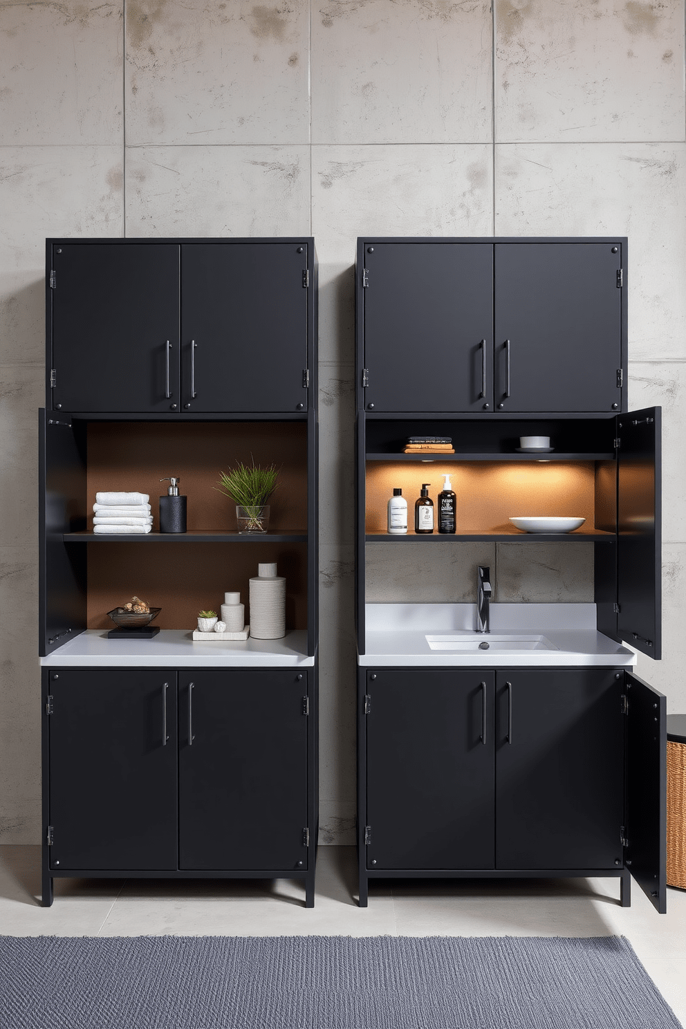 Industrial metal cabinets for urban vibe. The cabinets feature a sleek matte black finish with exposed rivets and minimalist handles. The design includes open shelving for displaying decorative items and ample storage for toiletries. The backdrop is a raw concrete wall, enhancing the modern industrial aesthetic.