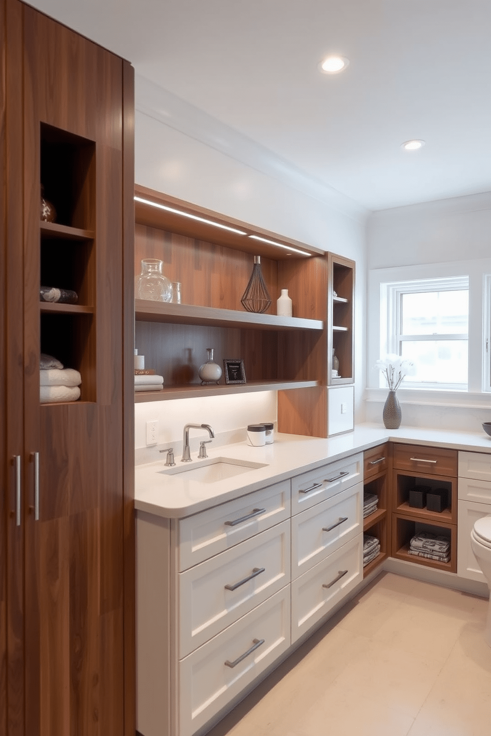 Custom built-ins for personalized storage. A sleek wooden cabinet spans the wall, featuring open shelving for displaying decorative items and closed compartments for hidden storage. Bathroom cabinet design ideas include a combination of deep drawers and spacious shelves. The cabinetry is finished in a soft matte white, complemented by brushed nickel hardware for a modern touch.