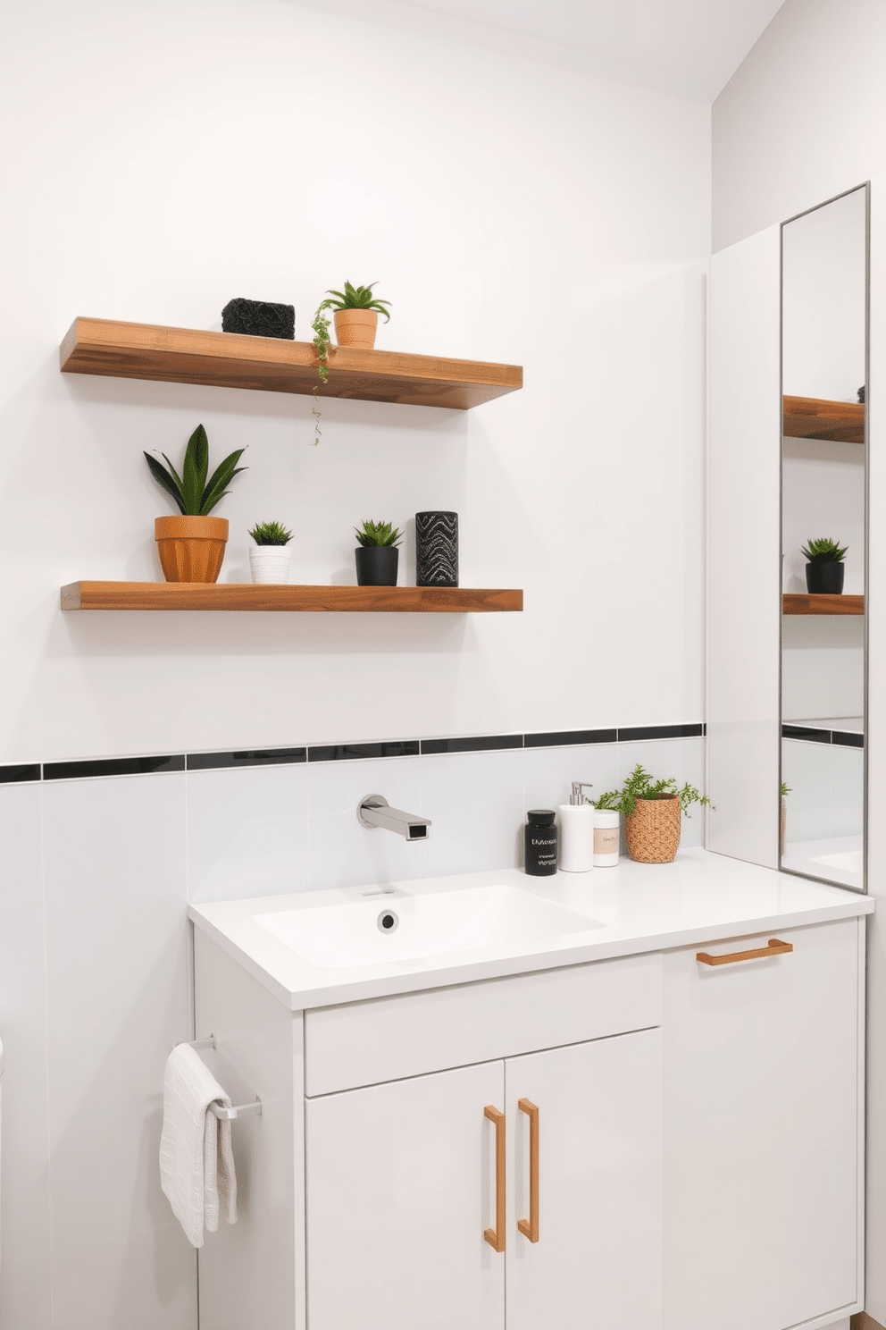 A modern bathroom design featuring floating shelves above the sink area. The shelves are made of reclaimed wood and display neatly arranged plants and decorative items. A sleek bathroom cabinet with a minimalist design that complements the overall decor. The cabinet has a glossy white finish with gold hardware, providing ample storage while enhancing the space's elegance.