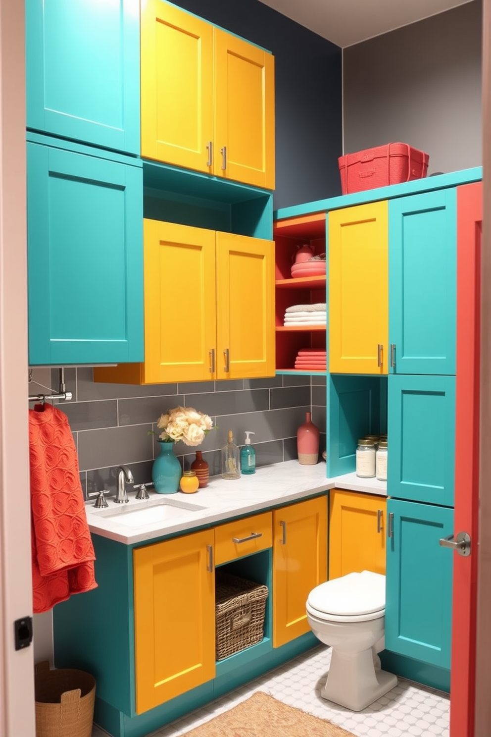 Colorful cabinets to brighten the space. The cabinets are painted in vibrant hues like teal, mustard yellow, and coral, creating a lively atmosphere. The bathroom features a sleek design with a mix of open shelving and closed cabinets. Brightly colored accessories and decor pieces complement the cabinets, adding personality to the room.