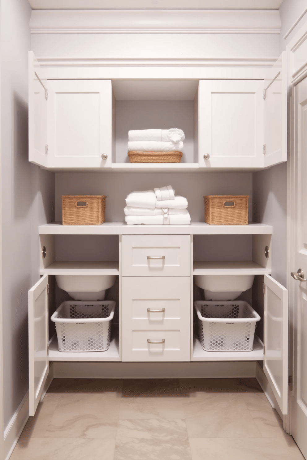 A modern bathroom featuring cabinets with built-in laundry hampers. The cabinets are sleek and minimalist, finished in a soft white with brushed nickel handles. Above the hampers, there are open shelves displaying neatly folded towels and decorative baskets. The walls are painted a calming light gray, and the floor is adorned with large ceramic tiles in a subtle pattern.