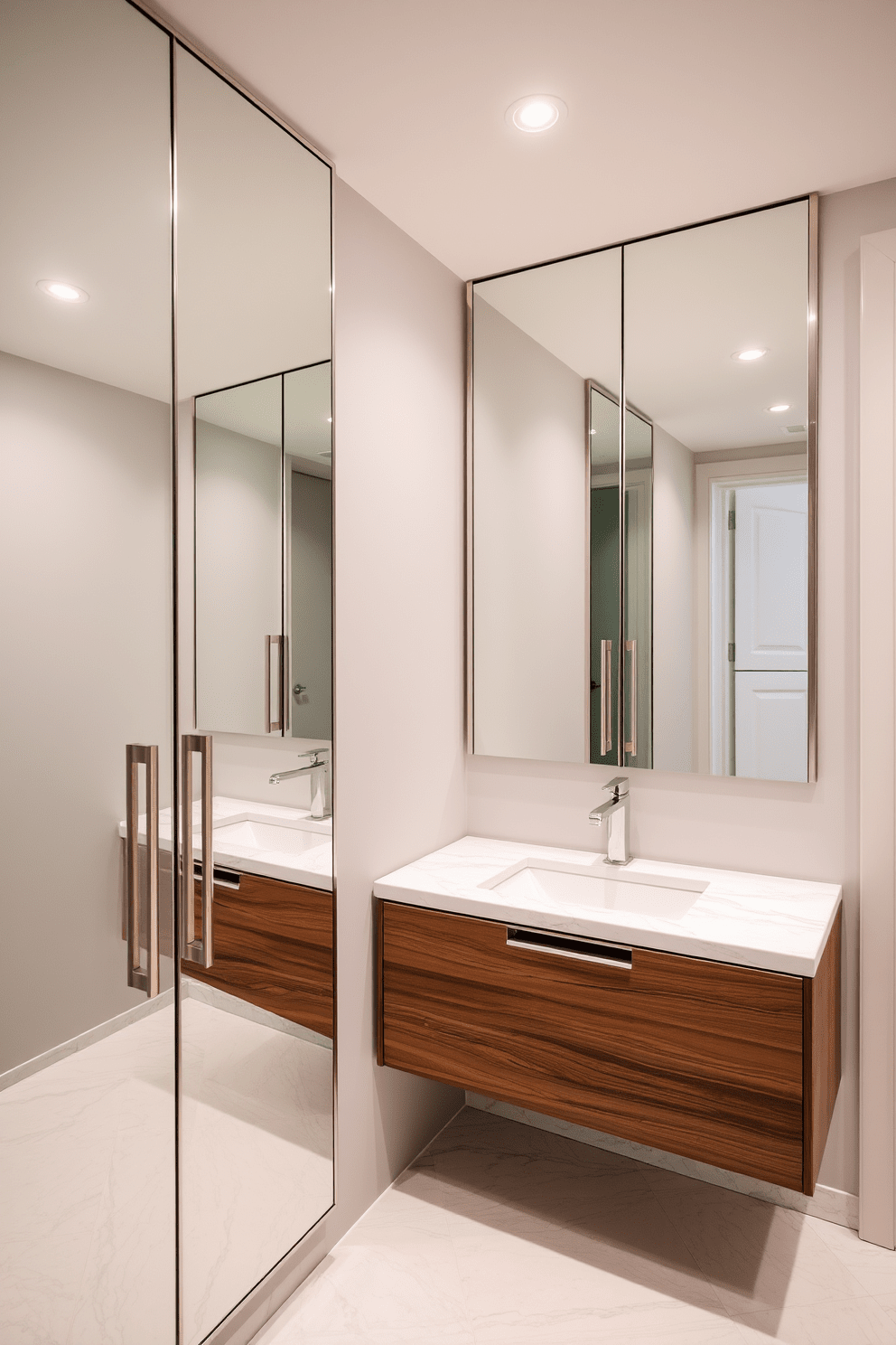 A sleek bathroom design featuring mirrored cabinets that enhance the sense of space and reflect natural light. The cabinets are framed in brushed nickel, adding a modern touch to the overall aesthetic. The cabinetry is paired with a floating vanity in a rich walnut finish, creating a warm contrast. Soft, ambient lighting illuminates the area, highlighting the elegant textures of the tiles and fixtures.