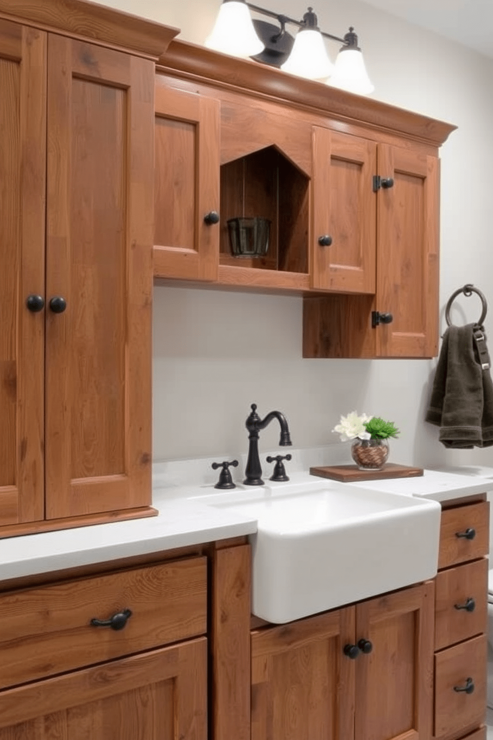 Rustic wood cabinetry adds a warm and inviting touch to any bathroom. The cabinets feature a distressed finish with wrought iron hardware, complemented by a farmhouse sink and vintage-style faucet.