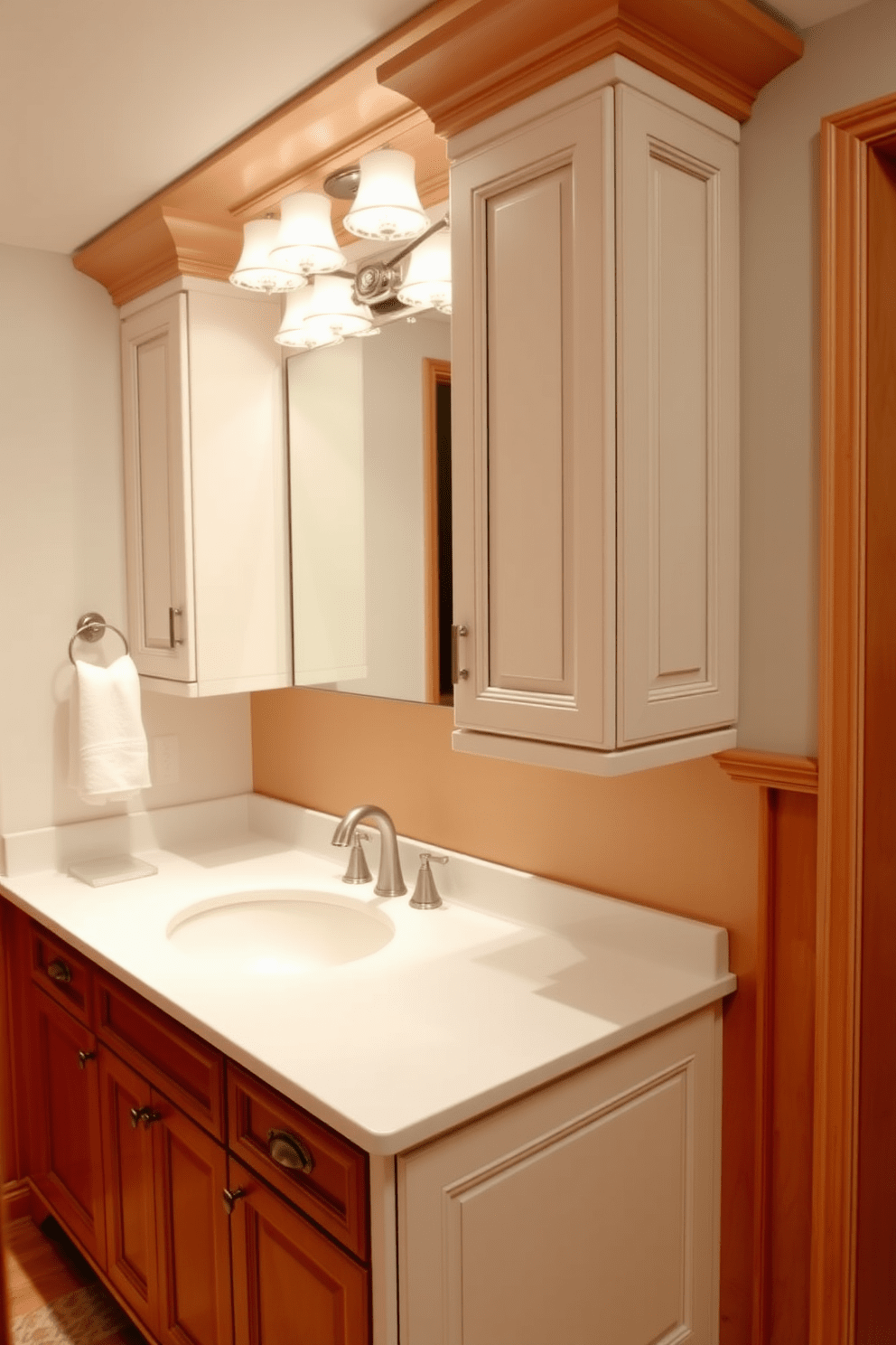 A stylish bathroom featuring cabinets with decorative moldings and trims that add elegance to the space. The cabinets are painted in a soft white hue, complementing the warm wooden accents throughout the room. The countertop is adorned with a sleek quartz surface, providing a modern touch. Above the cabinets, decorative lighting fixtures illuminate the area, enhancing the overall ambiance.