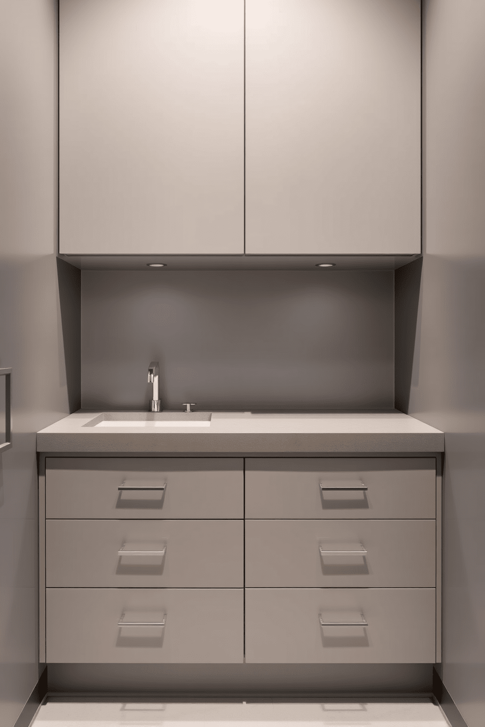 Modern cabinetry with clean lines and finishes. The cabinetry features a sleek design in a soft matte finish, complemented by minimalist hardware. The upper cabinets are suspended above the countertop, providing ample storage while maintaining an open feel. Below, a series of drawers in varying sizes offer practical organization for bathroom essentials.