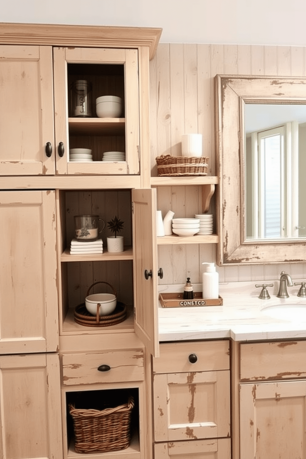 Farmhouse style cabinets with distressed finishes create a warm and inviting atmosphere. The cabinets feature vintage hardware and open shelving, displaying neatly arranged rustic decor items. The bathroom cabinet design incorporates soft neutral tones and natural wood textures. A large mirror with a weathered frame complements the cabinets, enhancing the overall farmhouse aesthetic.